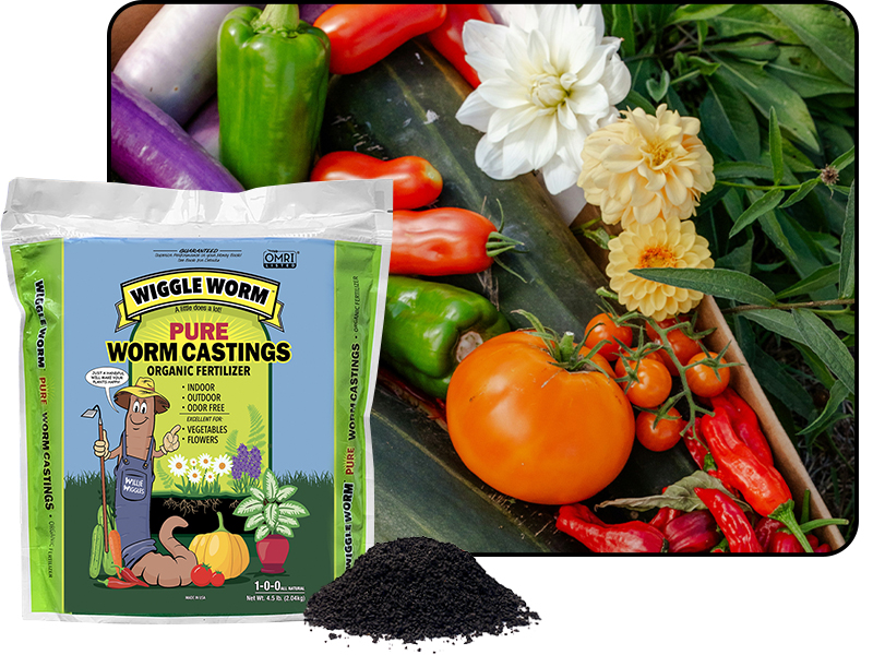 4.5lb bag of Pure Worm Castings in front of a photo of flowers fruits and vegetables