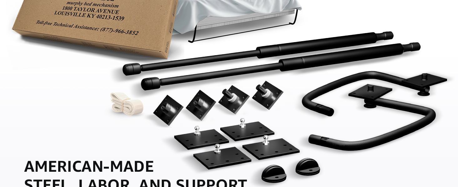Unassembled Murphy bed kit components spread out on the floor for assembly