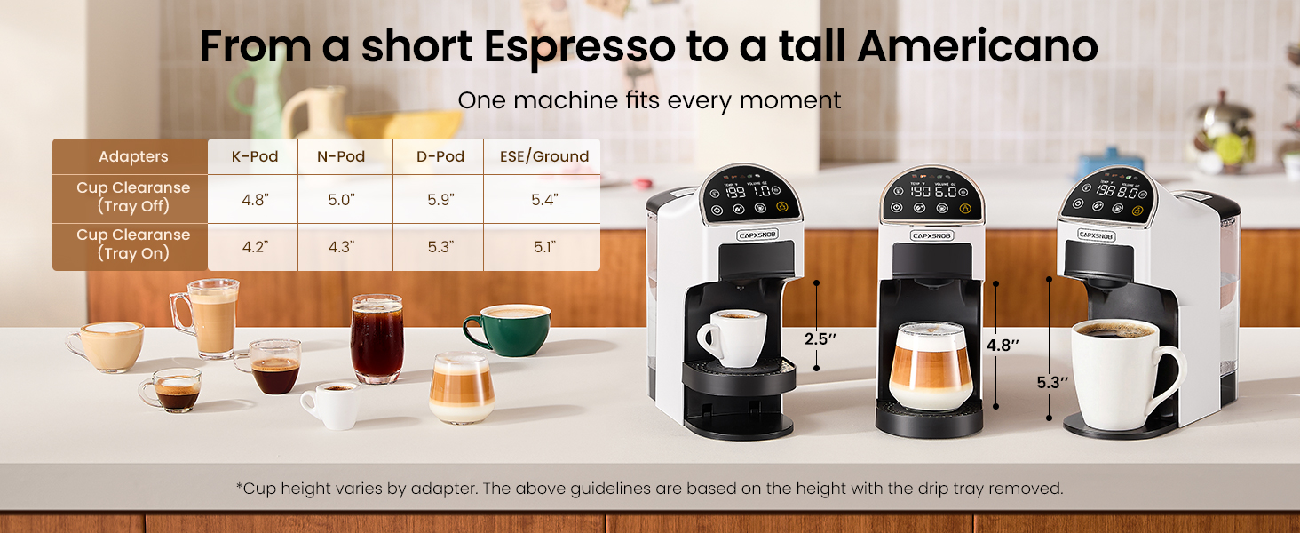 Compact size with 3 adjustable cup heights, ideal for espresso, Americano, and specialty drinks