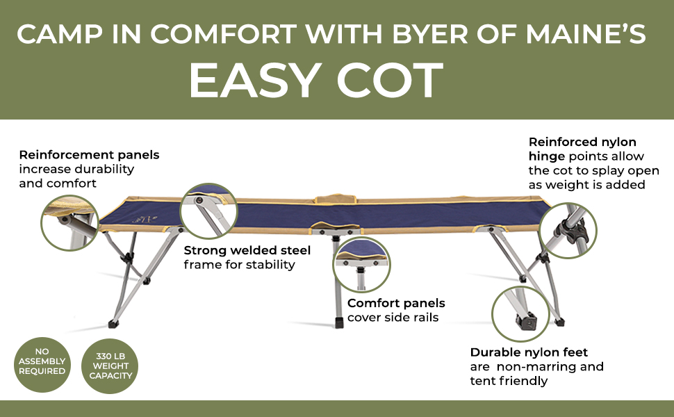 Byer of Maine Easy Cot on a white background, text highlighting features of the camping cot.