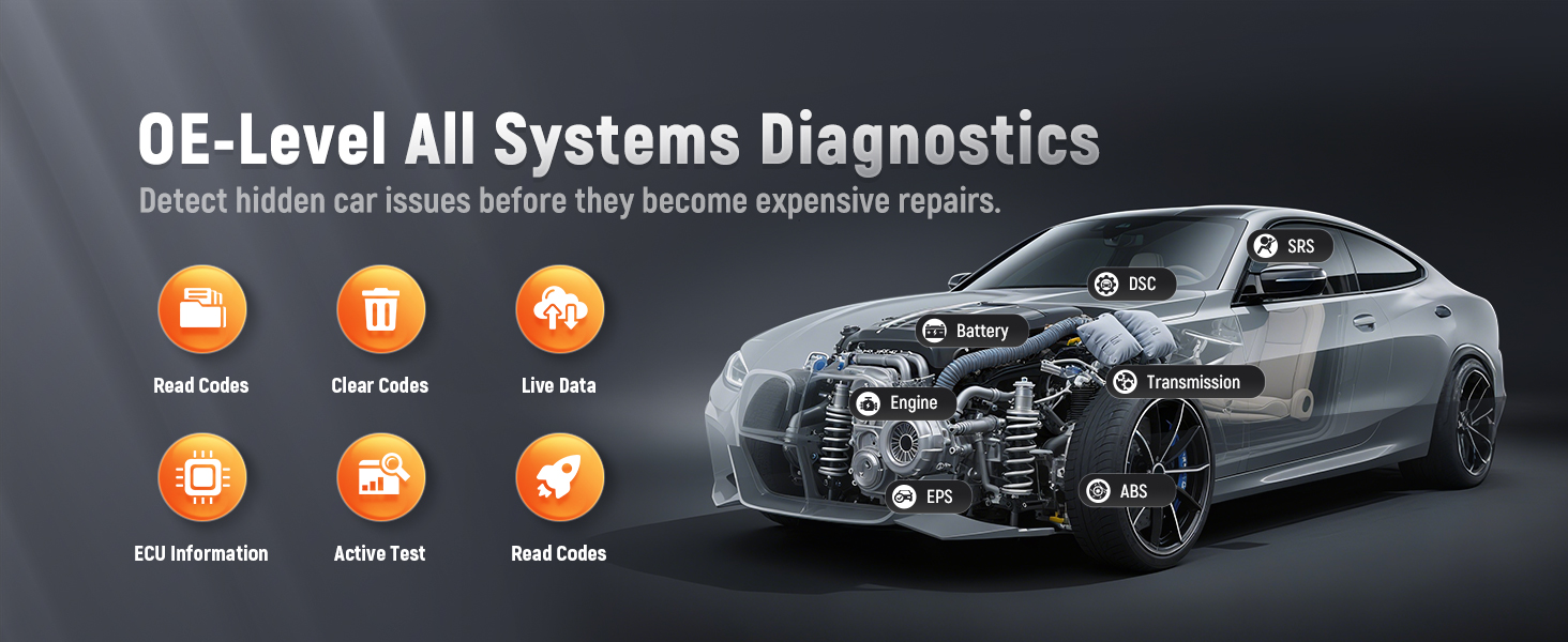 This OBD2 scanner diagnostic tool can be a code reader, checking full systems like ABS,SRS, TPMS.