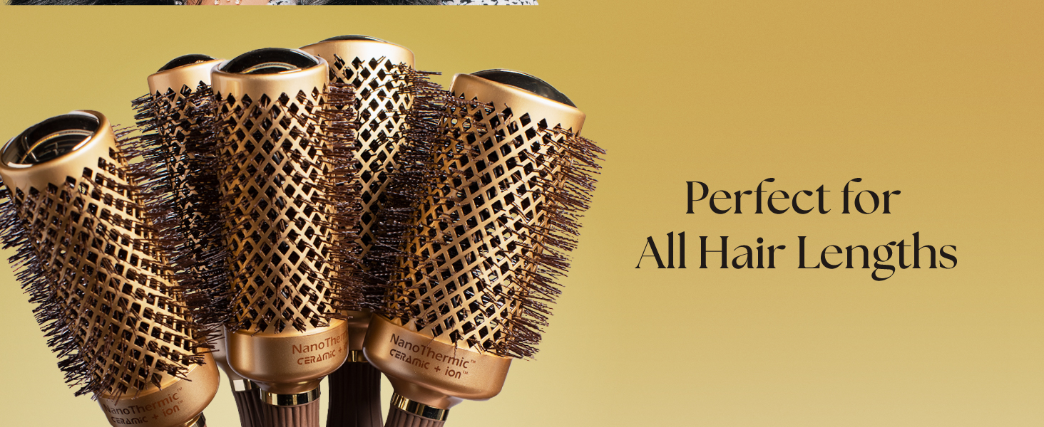 Image of six ion hair brushes with text reading perfect for all hair lengths.