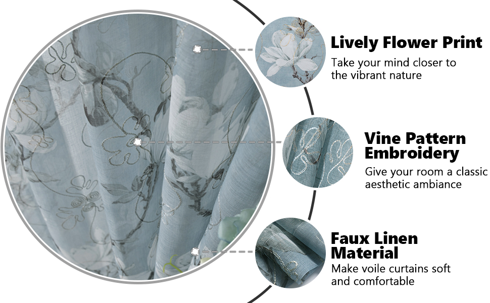 blue faux linen look sheer tier curtain, flower print, vine embroidery, linen textured, soft touch