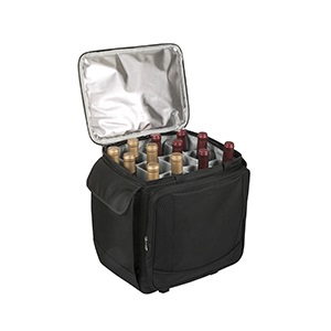 12-bottle wine carrier with padded dividers; open lid shows organized silver thermal lining