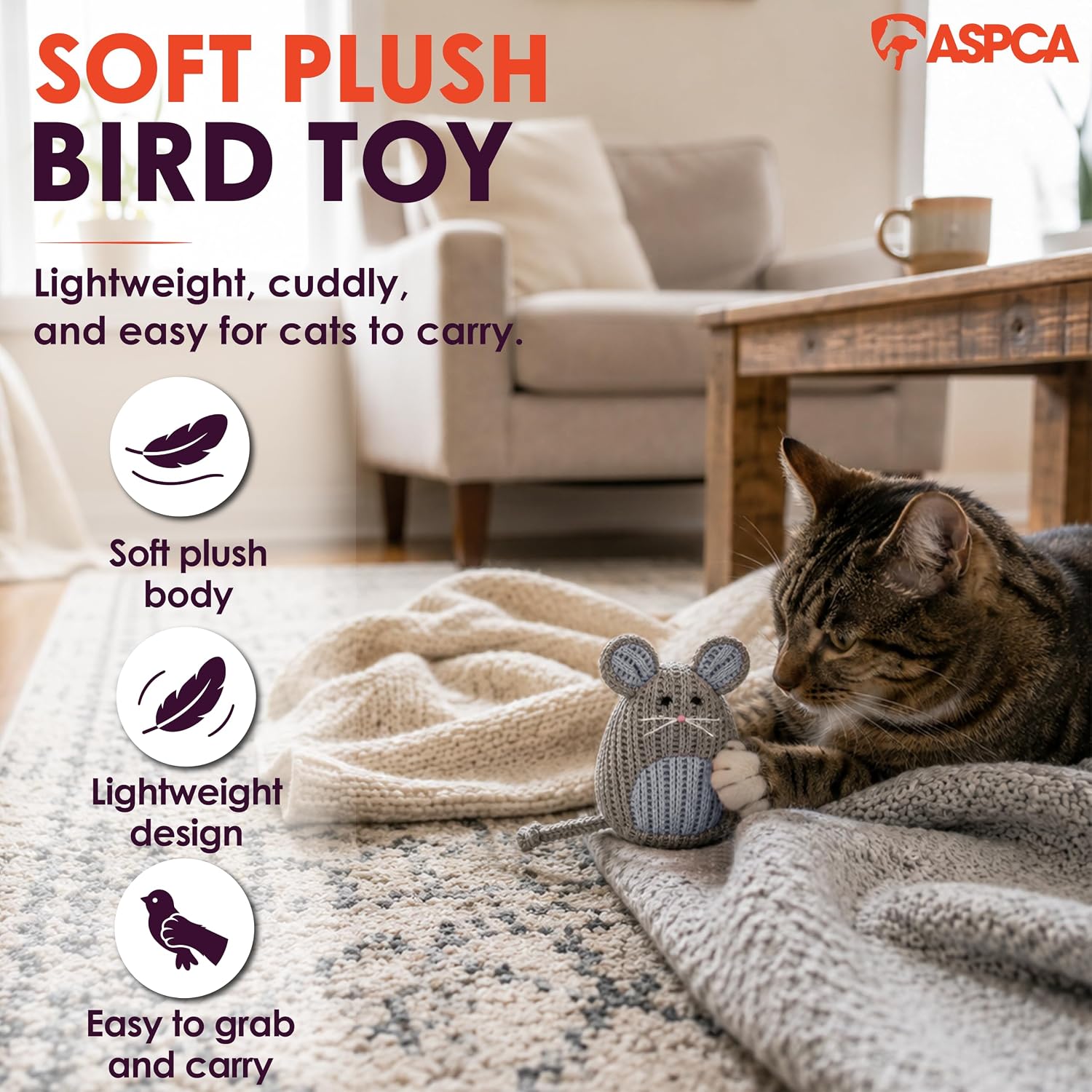 ASPCA Chirping Bird Cat Toy – Catnip-Infused Plush Bird Toy with Realistic Sound, Interactive Cat Toy for Indoor Cats, Encourages Pouncing, Batting & Natural Hunting Play