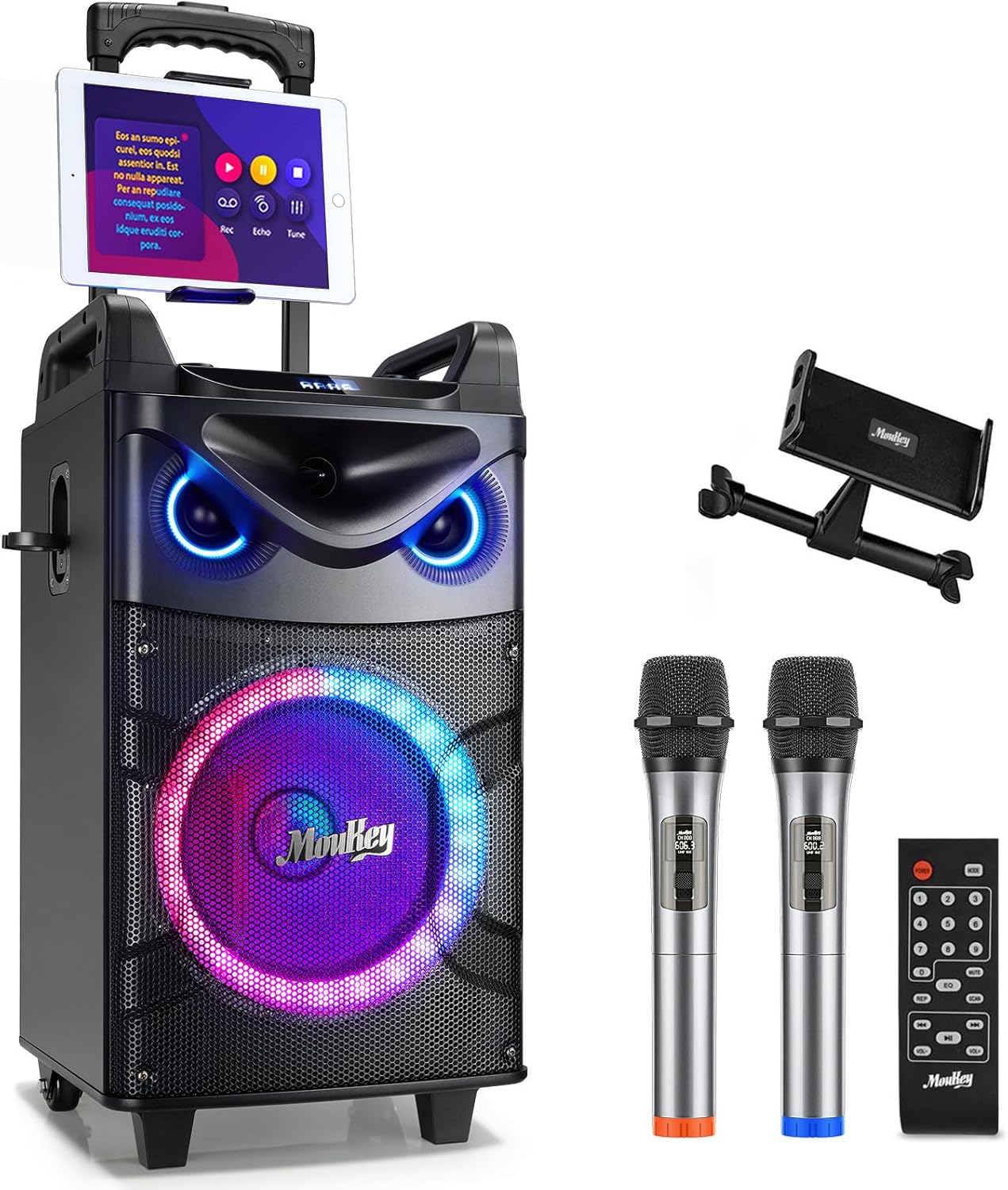 Moukey Karaoke Machine, 10" Woofer Portable PA System, Bluetooth Speaker with 2 Wireless Microphones, Lyrics Display Tablet Holder