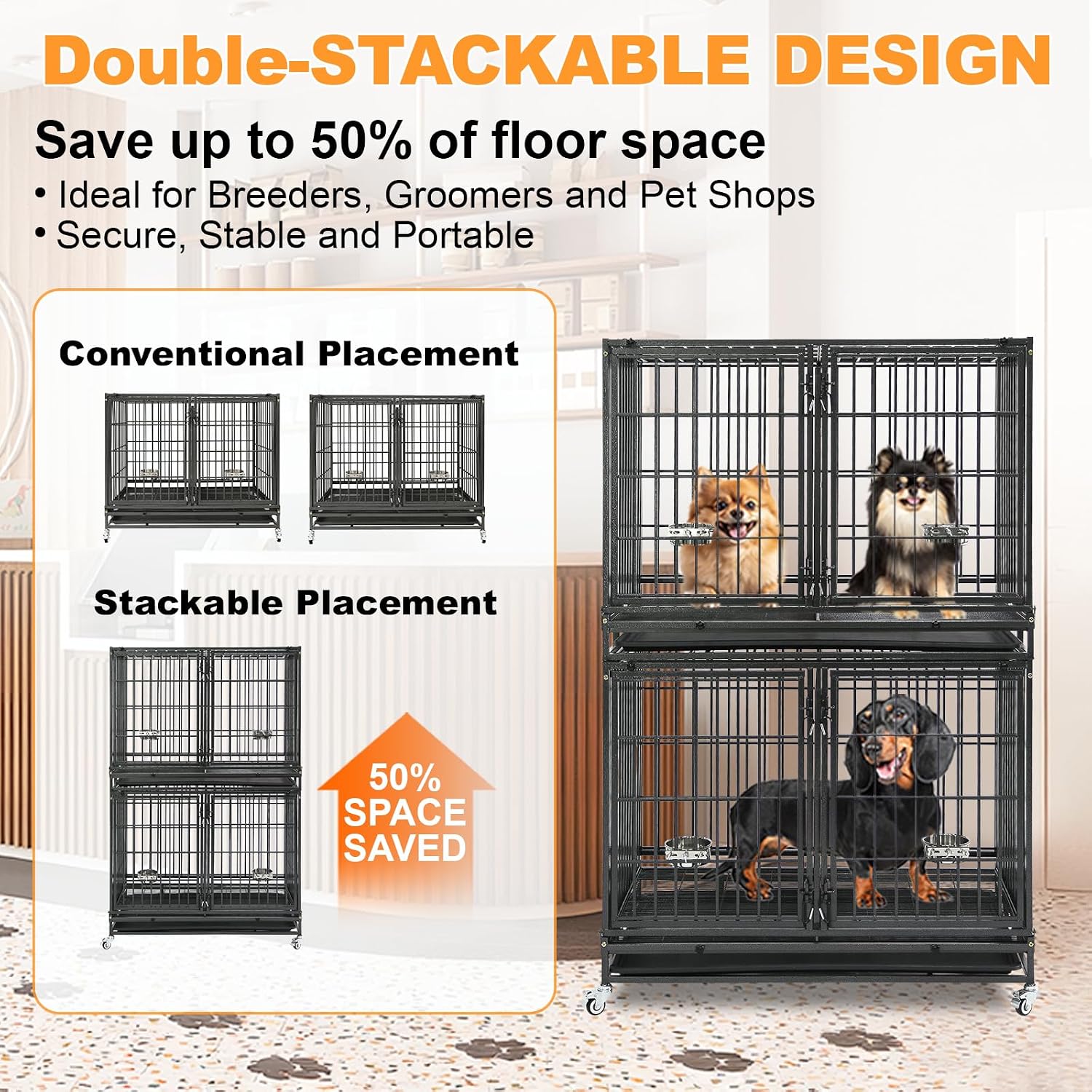 Homey Pet Taller 43" Heavy Duty Double Dog Crates with Divider & Dual Door | Drop Cage for Dogs with Lockable Wheels, Bowls, Removable Tray, Top Access, Ideal for Small to Medium & Large Dogs, Breeders