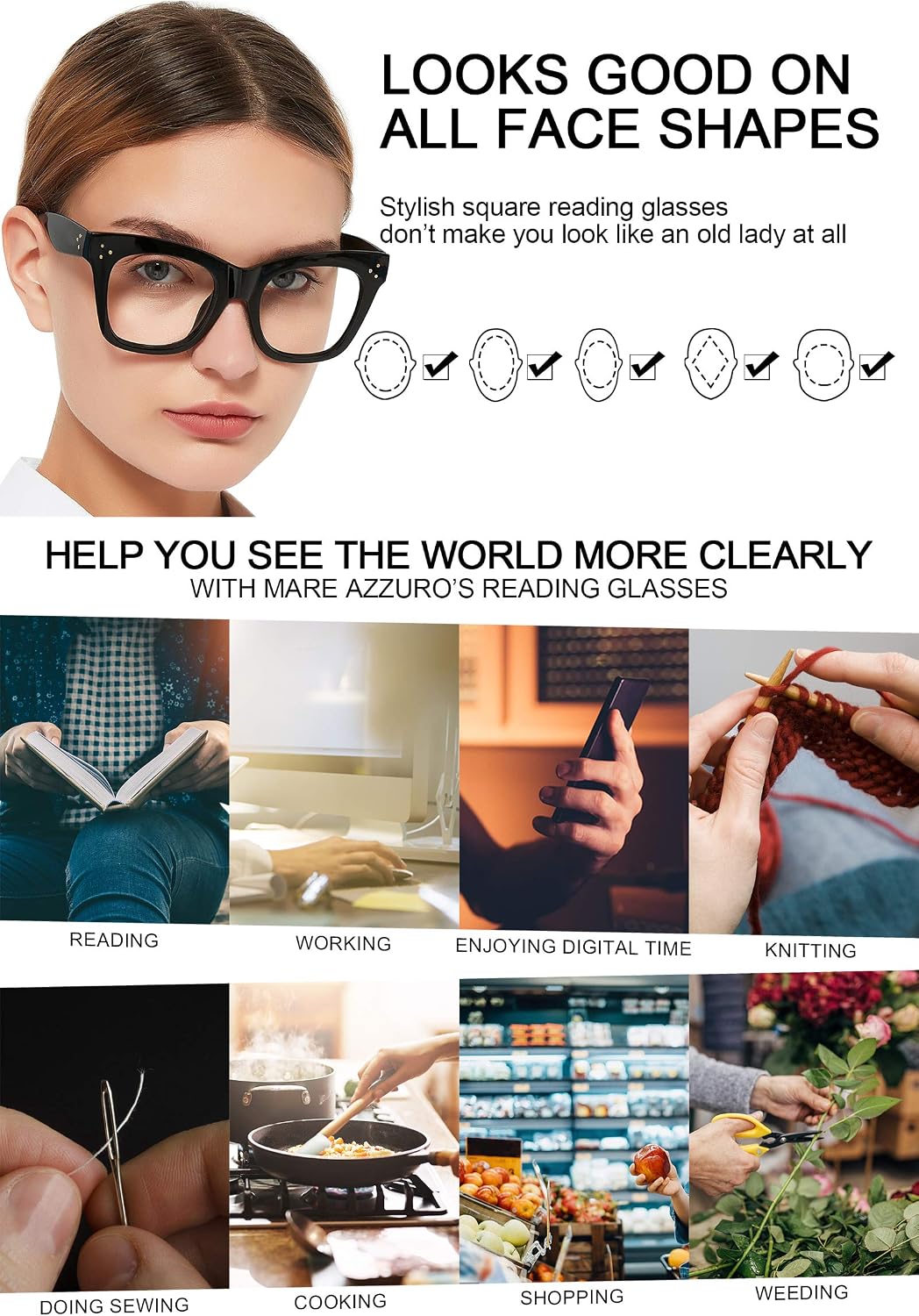 MARE AZZURO Oversized Reading Glasses Women Trendy Large Readers 0 1.0 1.25 1.5 1.75 2.0 2.25 2.5 2.75 3.0 3.5 4.0 5.0 6.0 (Black, 250)