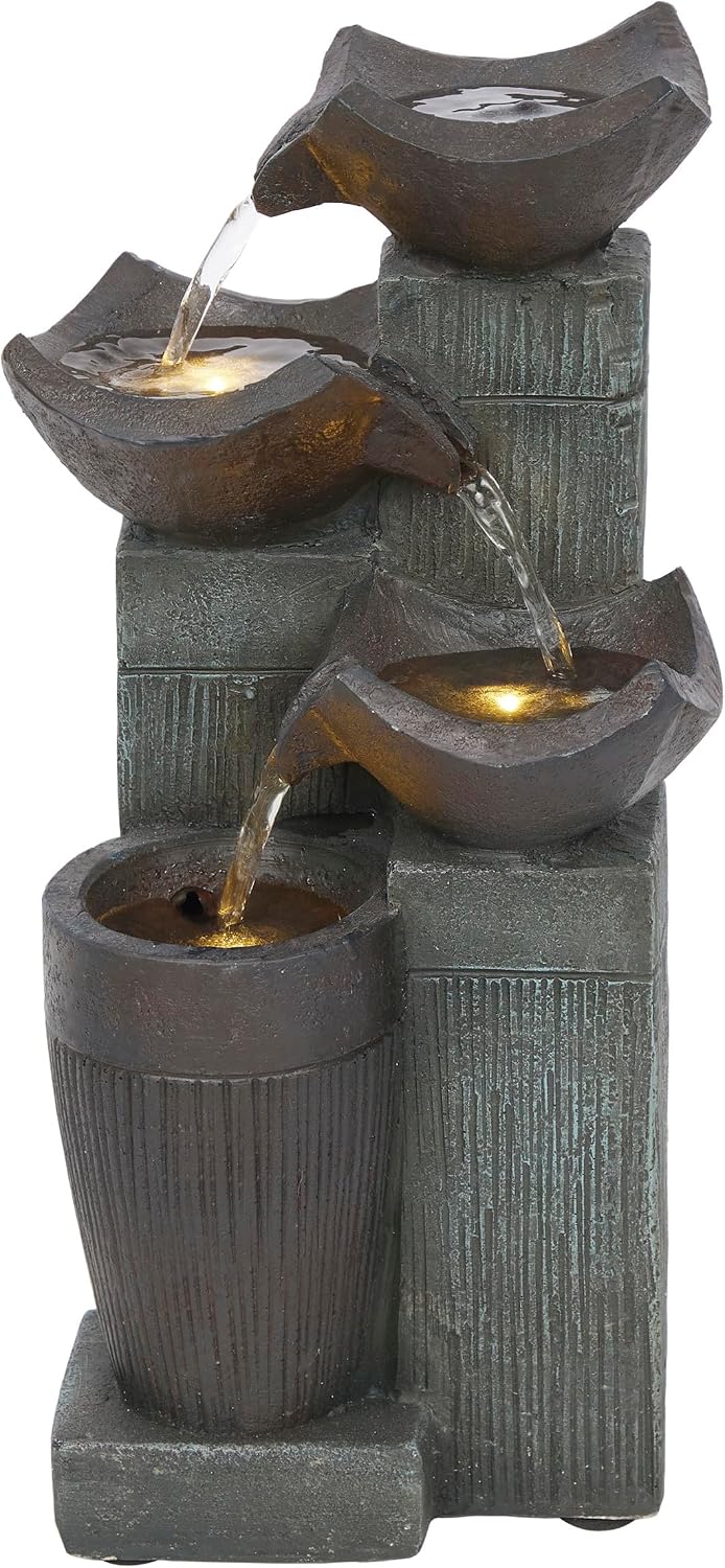 Alpine Corporation WIN326 Indoor Tabletop Light-Up Tiered Rainforest Tree Trunk Water Fountain with LED Lights, 11", Brown