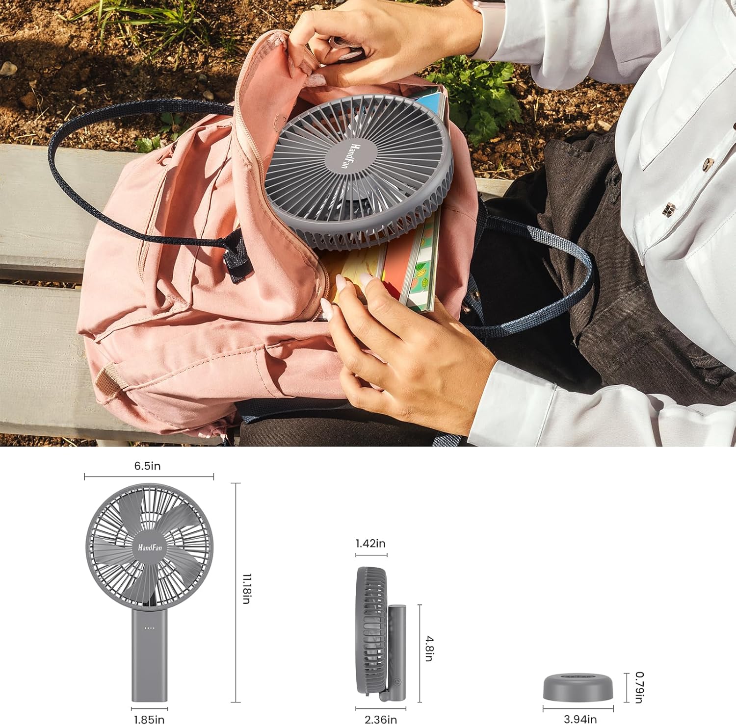 HandFan Quiet 6 Inch Handheld Fan [34H Max Cooling Time], 6 Speed Rechargeable Personal fan and Desktop with Base