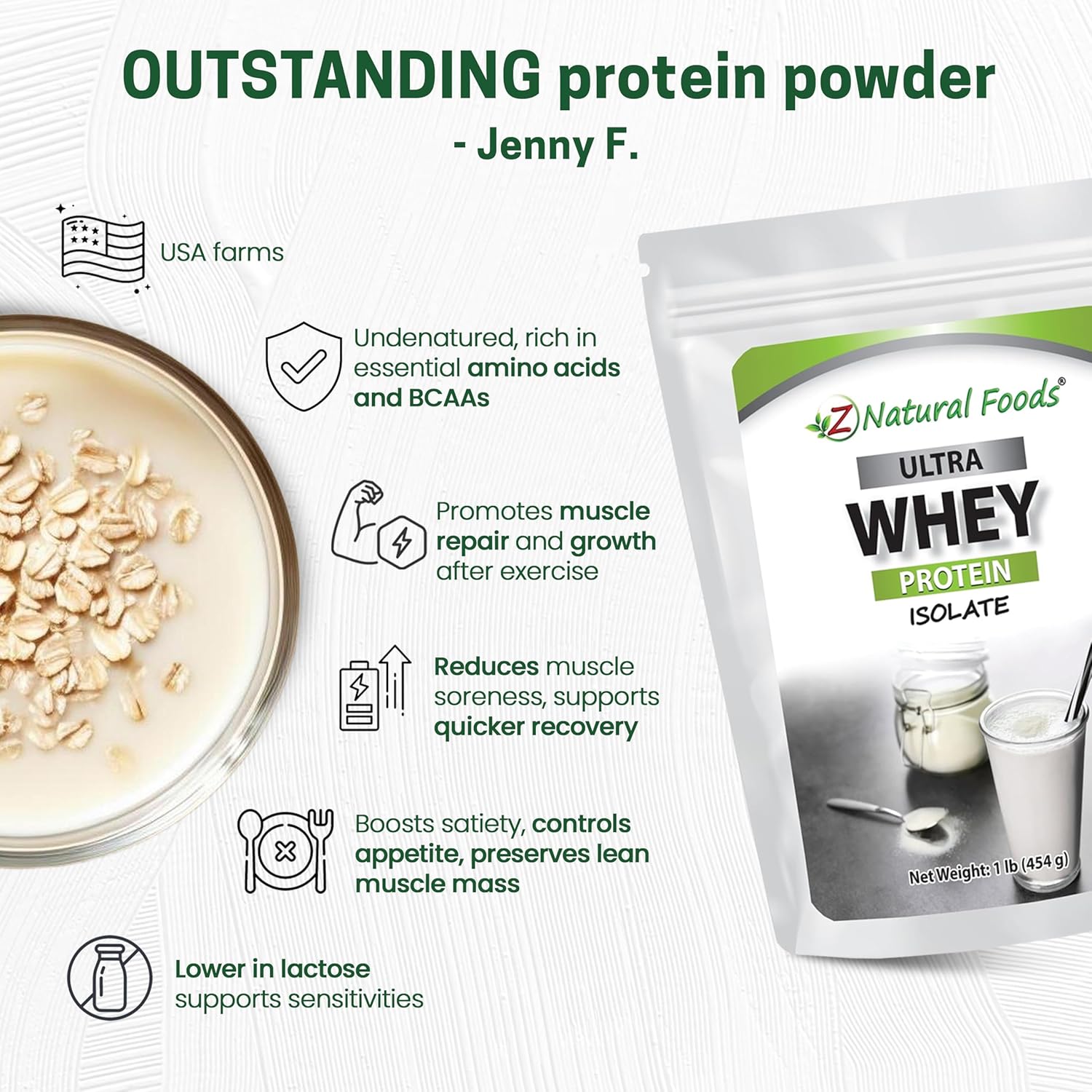 Z Natural Foods Ultra Whey Protein Isolate - Unflavored & Unsweetened, 1 lb | Unflavored, Unsweetened Whey Protein Powder, Whey Isolate with Vital Proteins for Fitness, Sports Nutrition, Immune Support