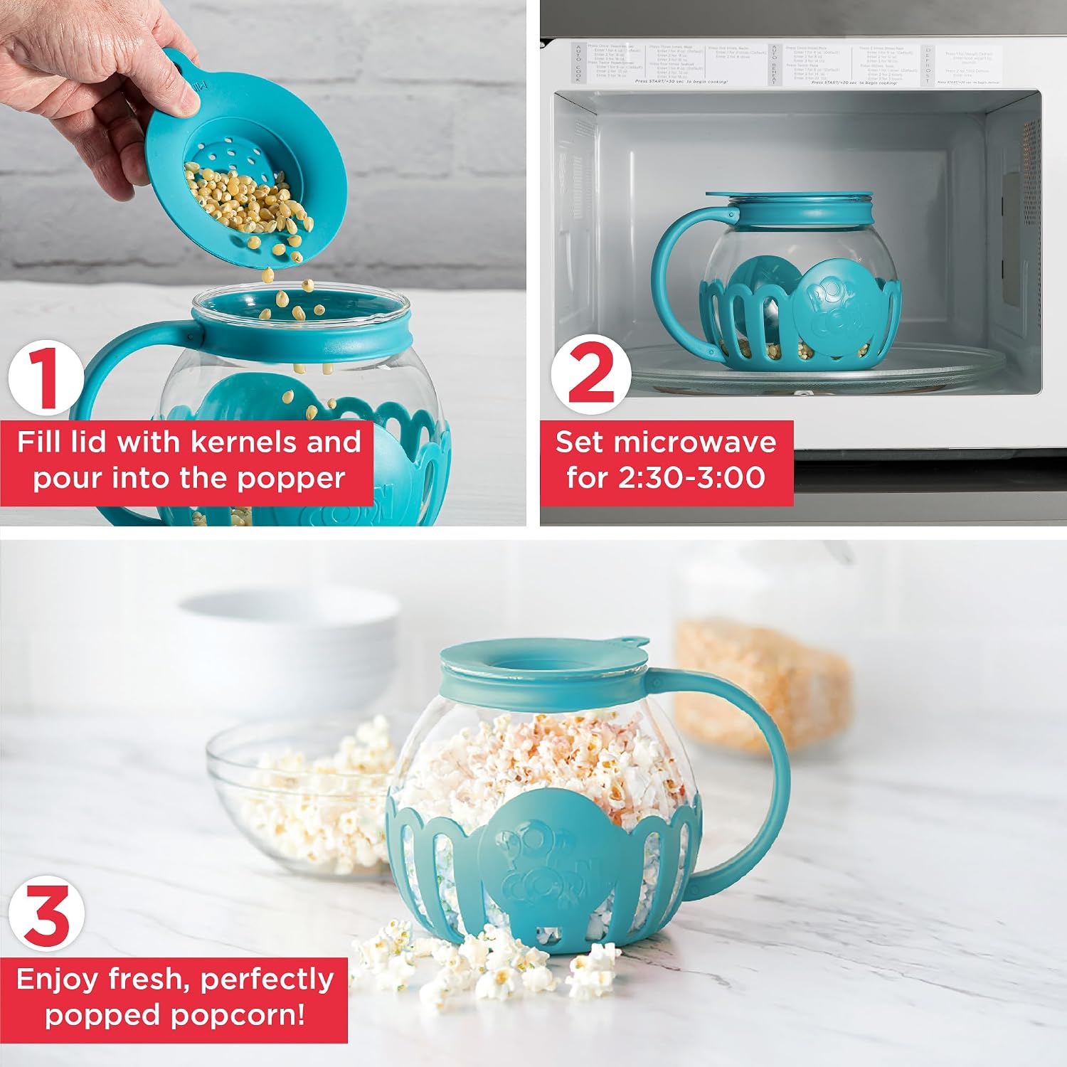 Ecolution Patented Micro-Pop Microwave Popcorn Popper with Temperature Safe Glass, 3-in-1 Lid Measures Kernels and Melts Butter, Made Without BPA, Dishwasher Safe, 3-Quart, Red