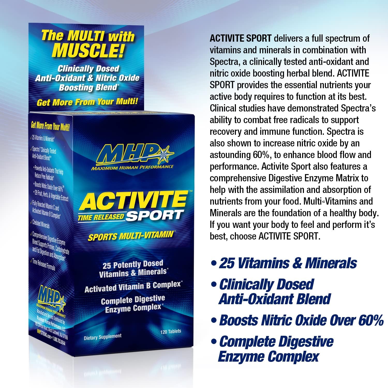MHP Activite Sport Perfomance Multi Vitamin for Athletes, 120 Tablets | Sport Multivitamin with 25 Vitamins & Minerals,Spectra Antioxidant & Nitric Oxide Booster, Digestive Enzymes| 120 Tablets