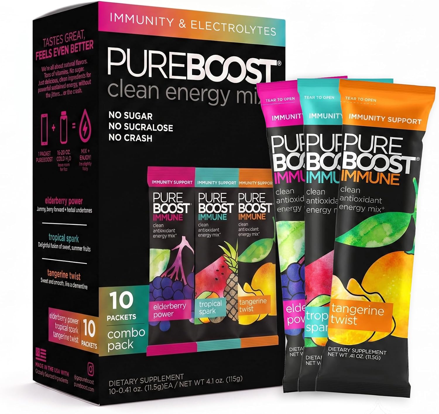 Pureboost Sugar-Free Immune Clean Energy Booster Drink Mix, Combo Pack 30ct