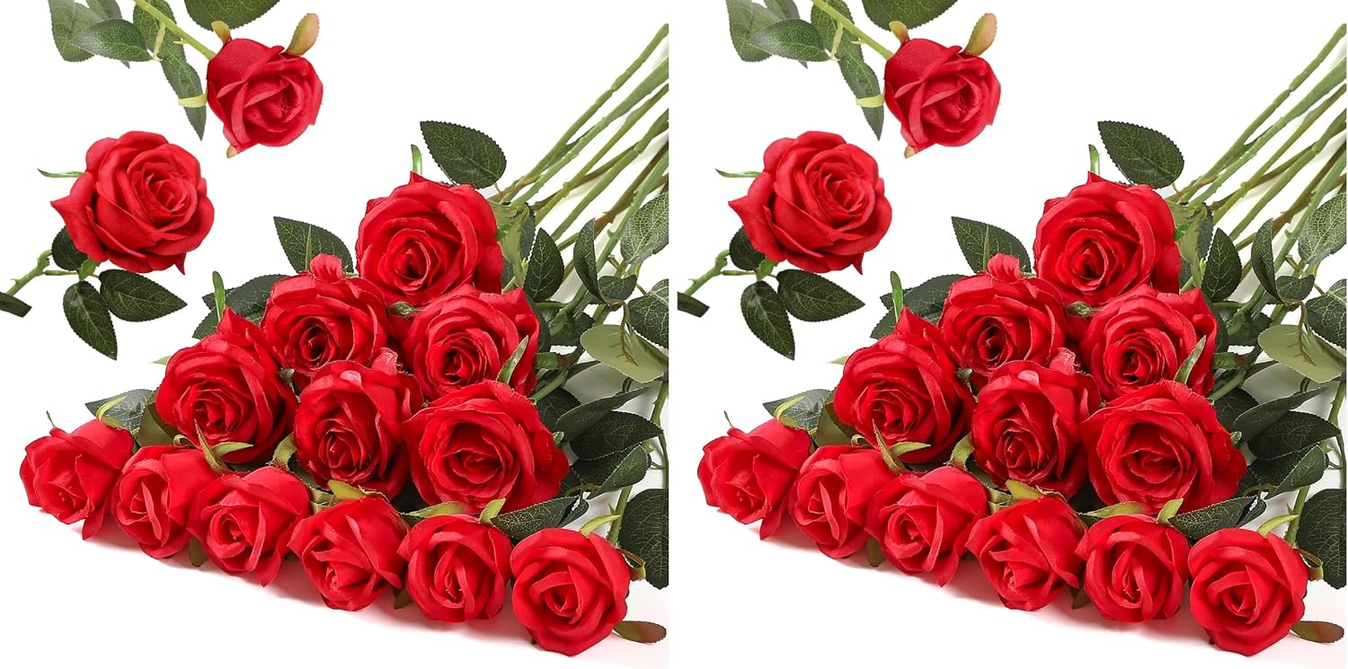Hawesome 12PCS Artificial Silk Flowers Realistic Roses Bouquet Long Stem for Home Wedding Decoration Party (Yellow, 6 Flowers 6 Buds)