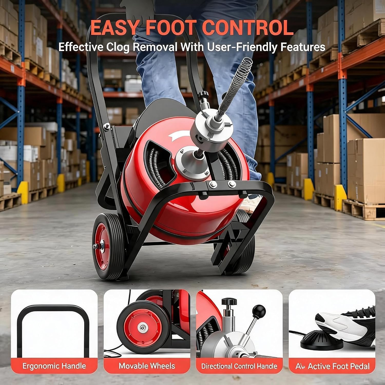 100Ft 3/4 Inch Drain Cleaning Machine. Sewer Snake 750w Auto Feed | Portable Drain Cleaning Machine Electric Drain Auger Sewer Auger with 6 Cutter Air-Activated Foot Switch for 4" to 8" Pipes