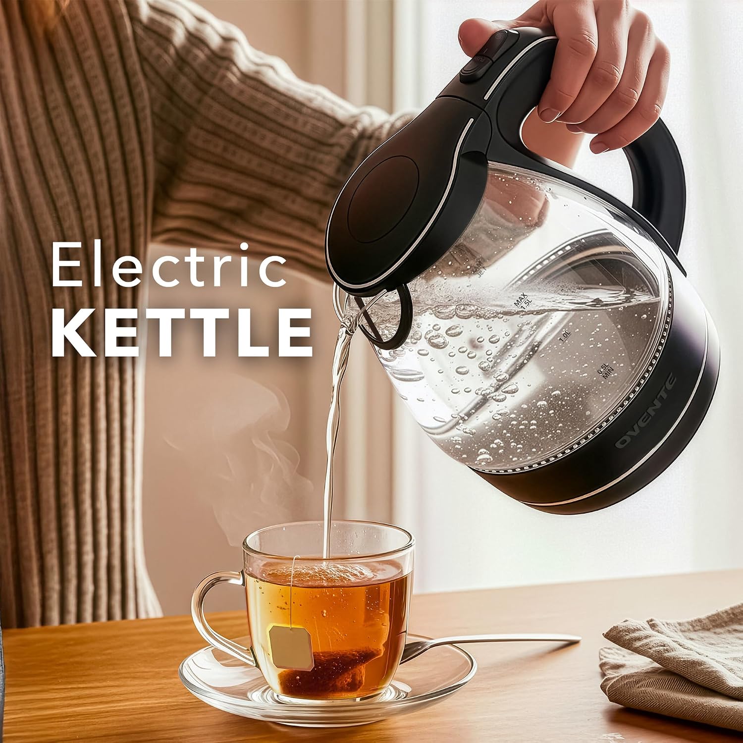 OVENTE 1.5L Glass Electric Kettle Water Boiler, Black KG83B | 1100W Fast Boiling, Borosilicate Glass, BPA-Free, Blue LED, Auto Shut-Off, Boil-Dry Protection, Removable Filter, 360° Base