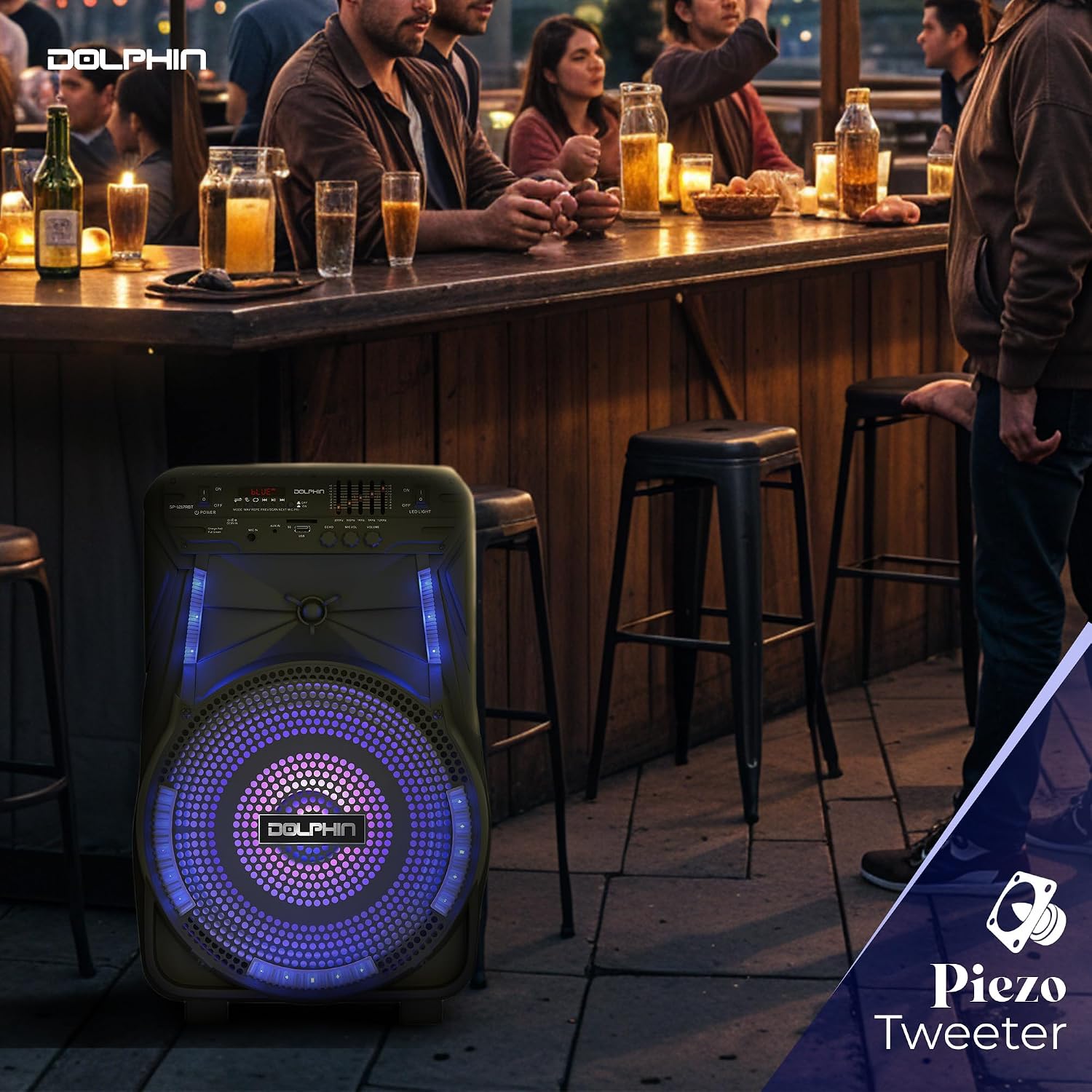 Dolphin Large Bluetooth Party Speaker with Trolley & Wheels, 12" Woofer | WaveSync Pairing, 5-Band EQ, Piezo Tweeter, USB, SD, FM & AUX Inputs