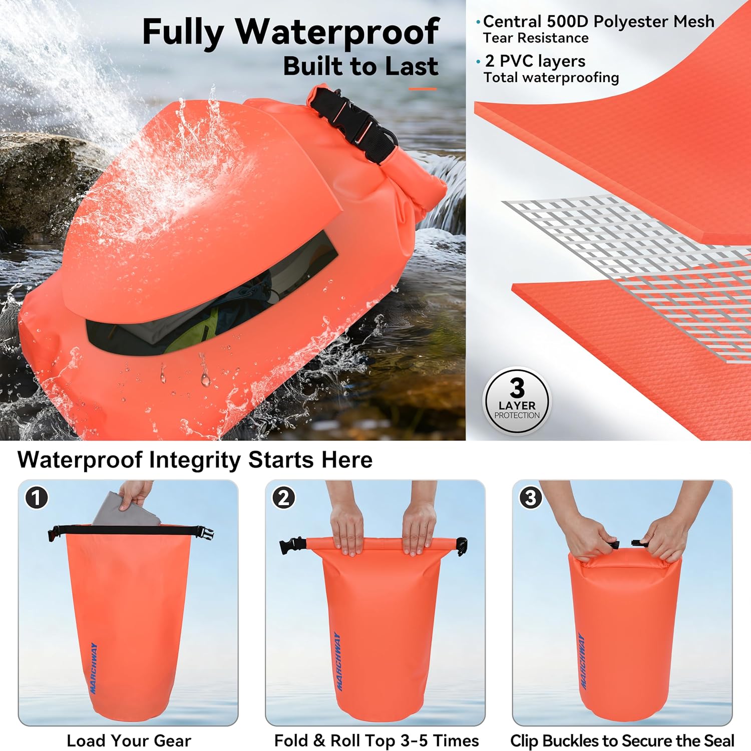 MARCHWAY Floating Waterproof Dry Bag Backpack 5L/10L/20L/30L/40L, Roll Top Sack Keeps Gear Dry for Kayaking, Rafting, Boating, Swimming, Camping, Hiking, Beach, Fishing