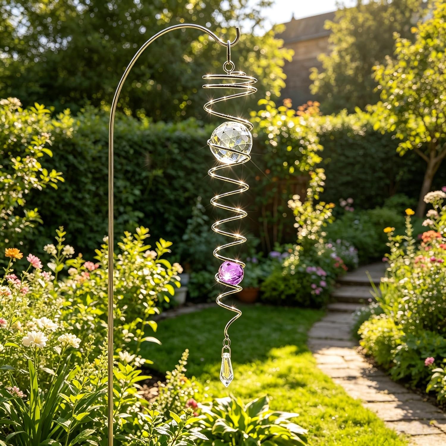 Gazing Ball Spiral Tail Wind Spinner Stabilizer，Stress Ball Indoor Outdoor Decoration Stainless Steel Glass Ball with Hanging Swivel Hook 13"