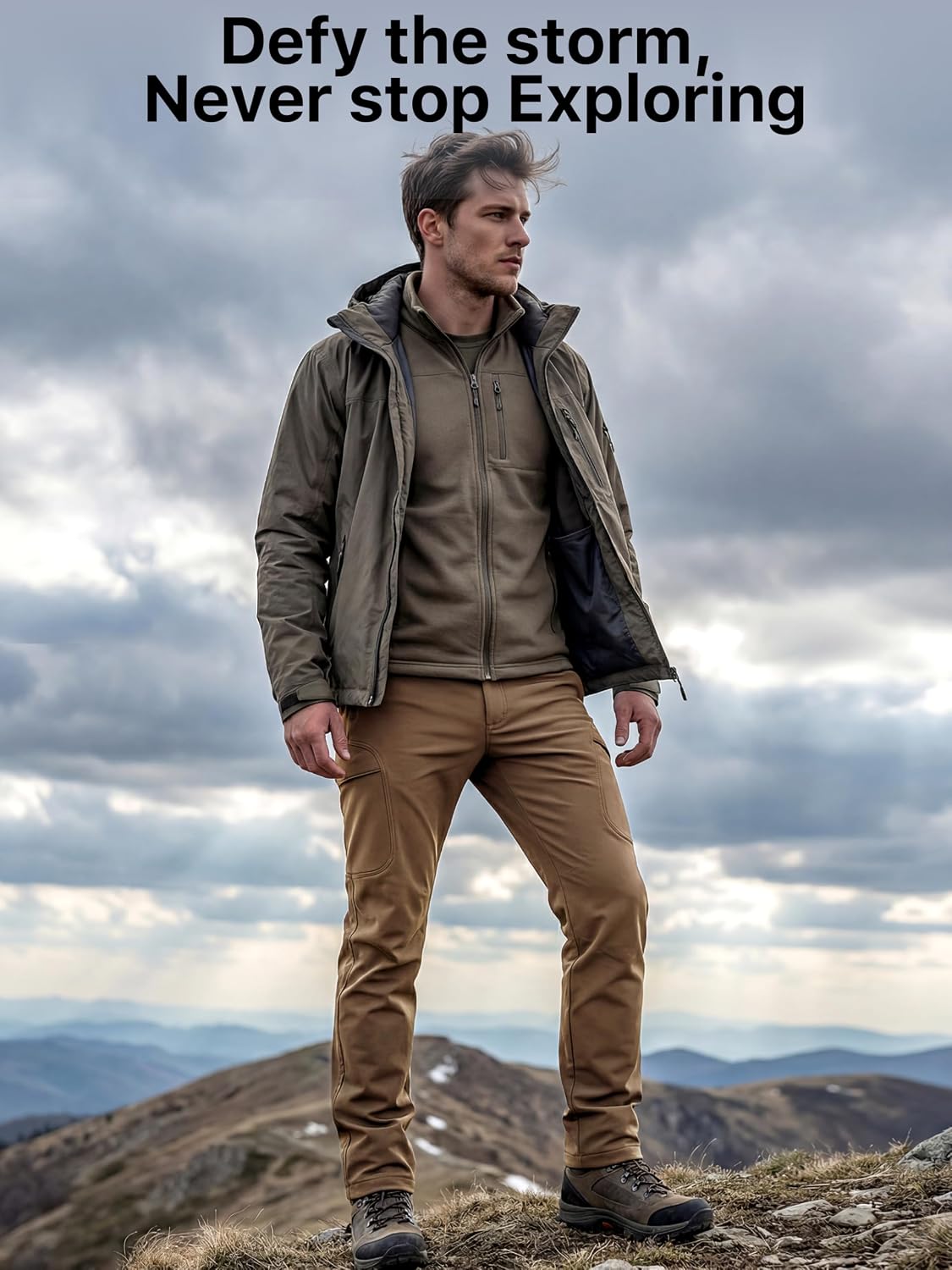 FREE SOLDIER Men's Outdoor Softshell Fleece Lined Cargo Pants | Snow Ski Hiking Pants with Belt, Waterproof Winter Pants, Insulated Work Pants, Breathable Windproof Insulated Pants