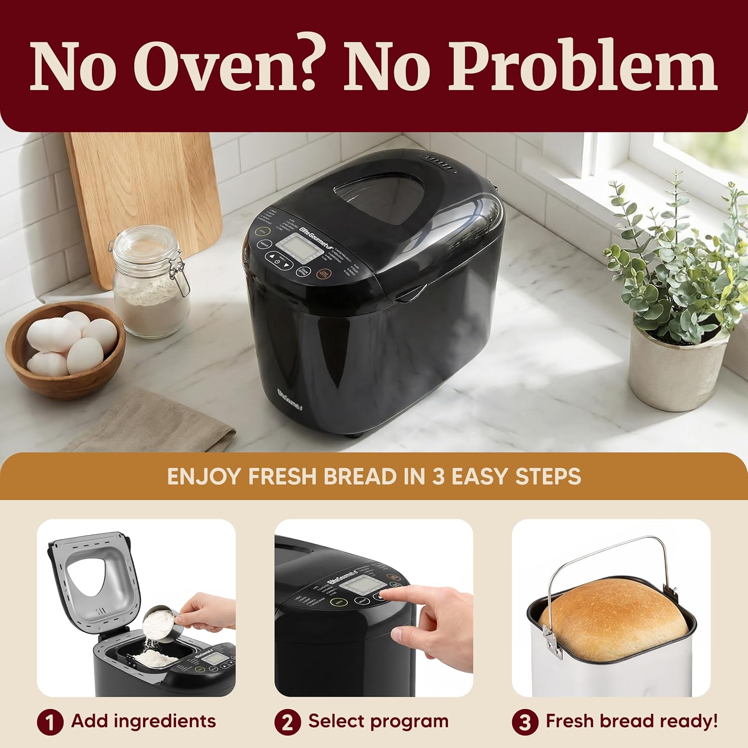 Elite Gourmet Programmable Bread Maker, 2 Lb, 3 Sizes, 19 Presets, Black
