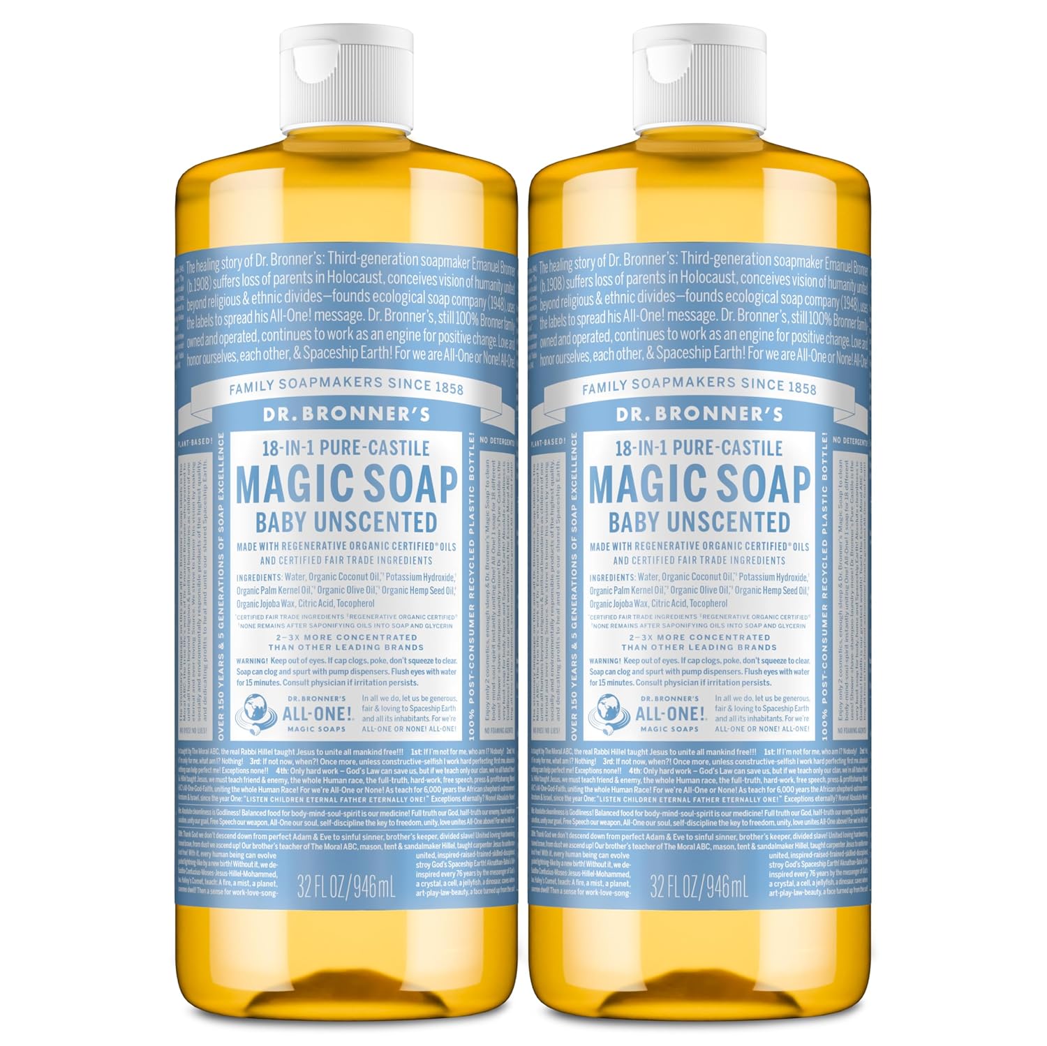 Dr. Bronner's Baby Unscented Pure-Castile Liquid Soap, No Fragrance, 16 oz, 2-Pack
