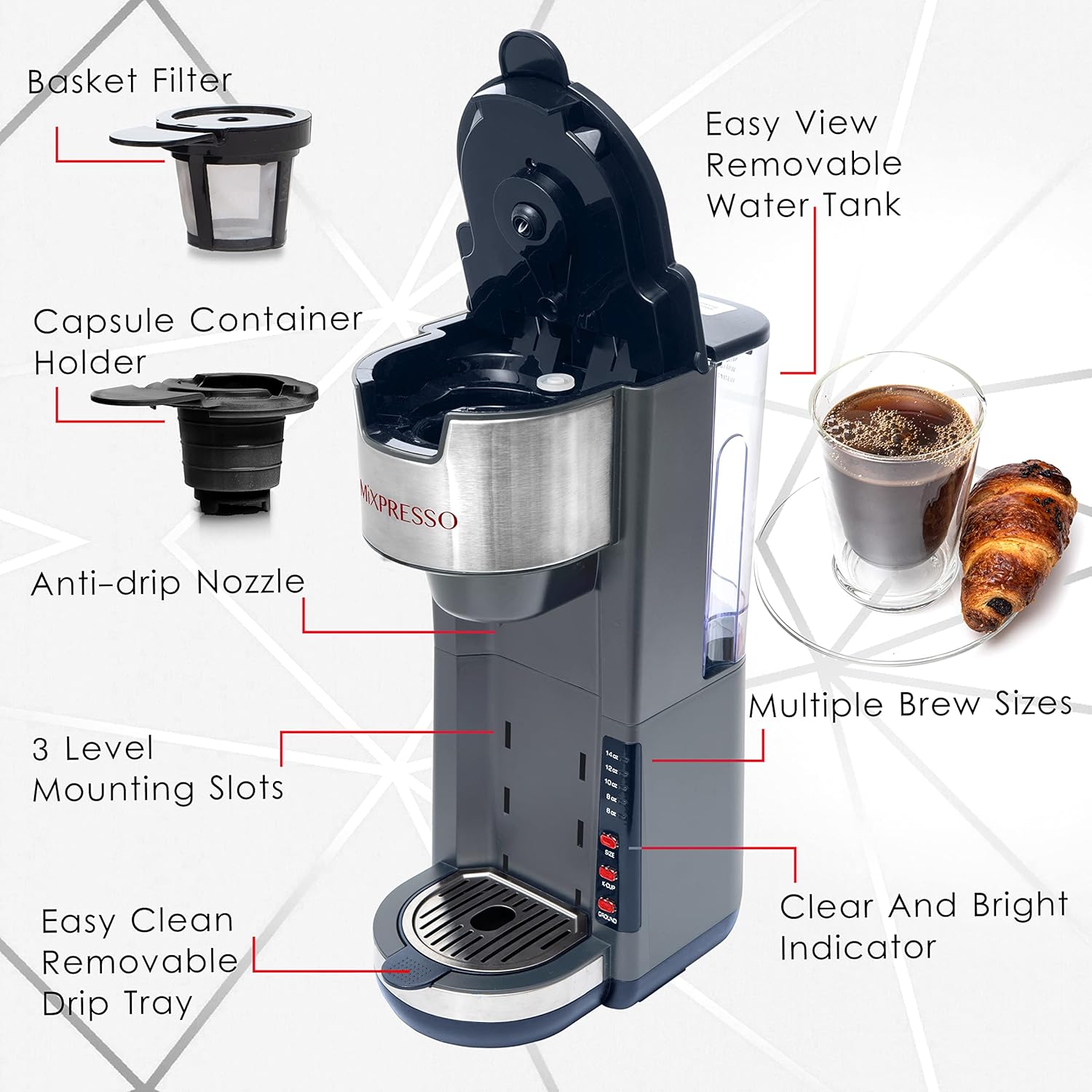 Mixpresso Black Single Serve Coffee Brewer K-Cup Pods Compatible & Ground, 30 oz Compact Coffee Maker Single Serve With 5 Brew Sizes Up To 14 Oz