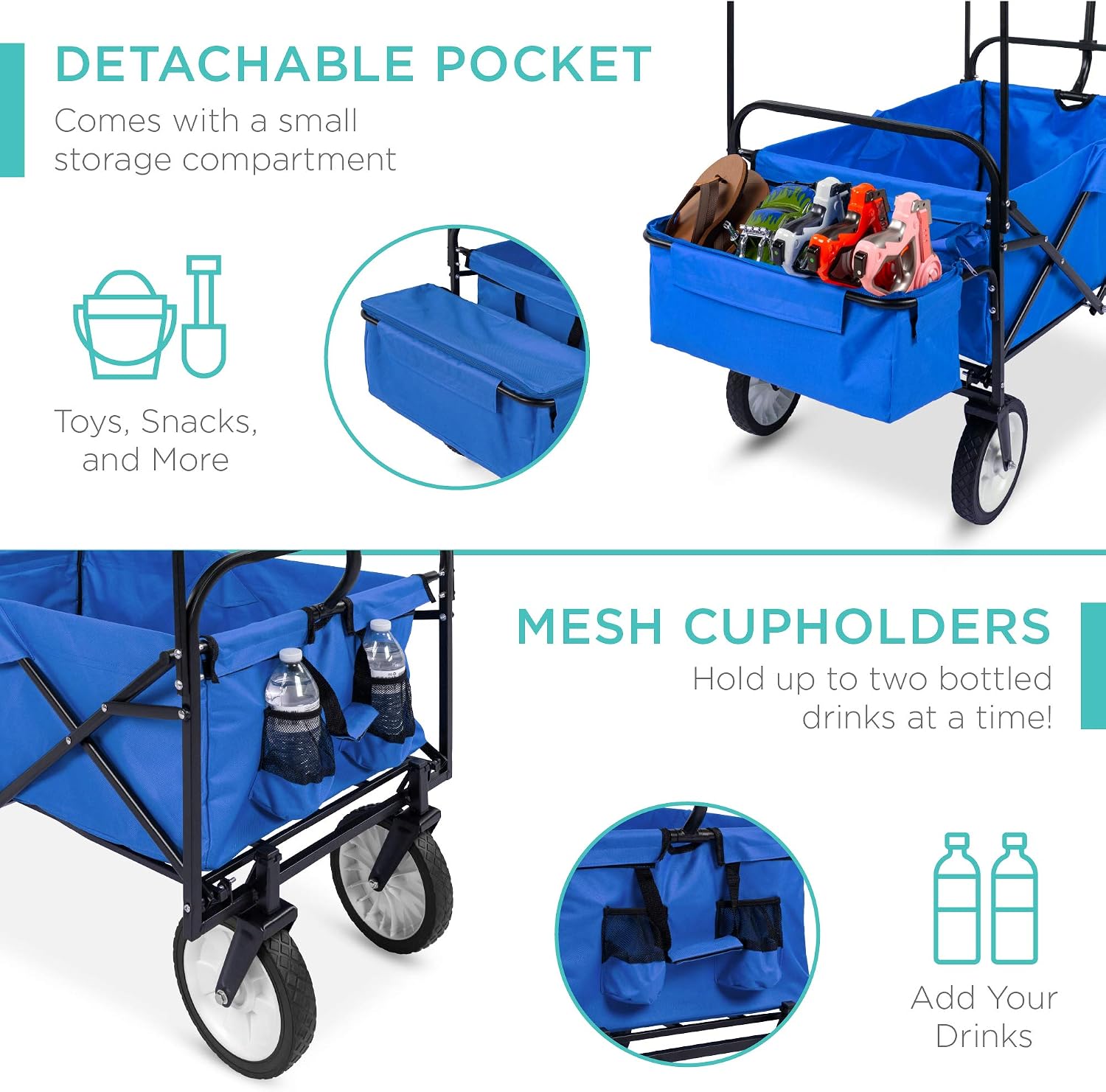 Best Choice Products Collapsible Folding Outdoor Utility Wagon with Canopy Garden Cart for Beach, Picnic, Camping, Tailgates w/Removable Canopy, Detachable Pockets, 150lb Weight Capacity - Red