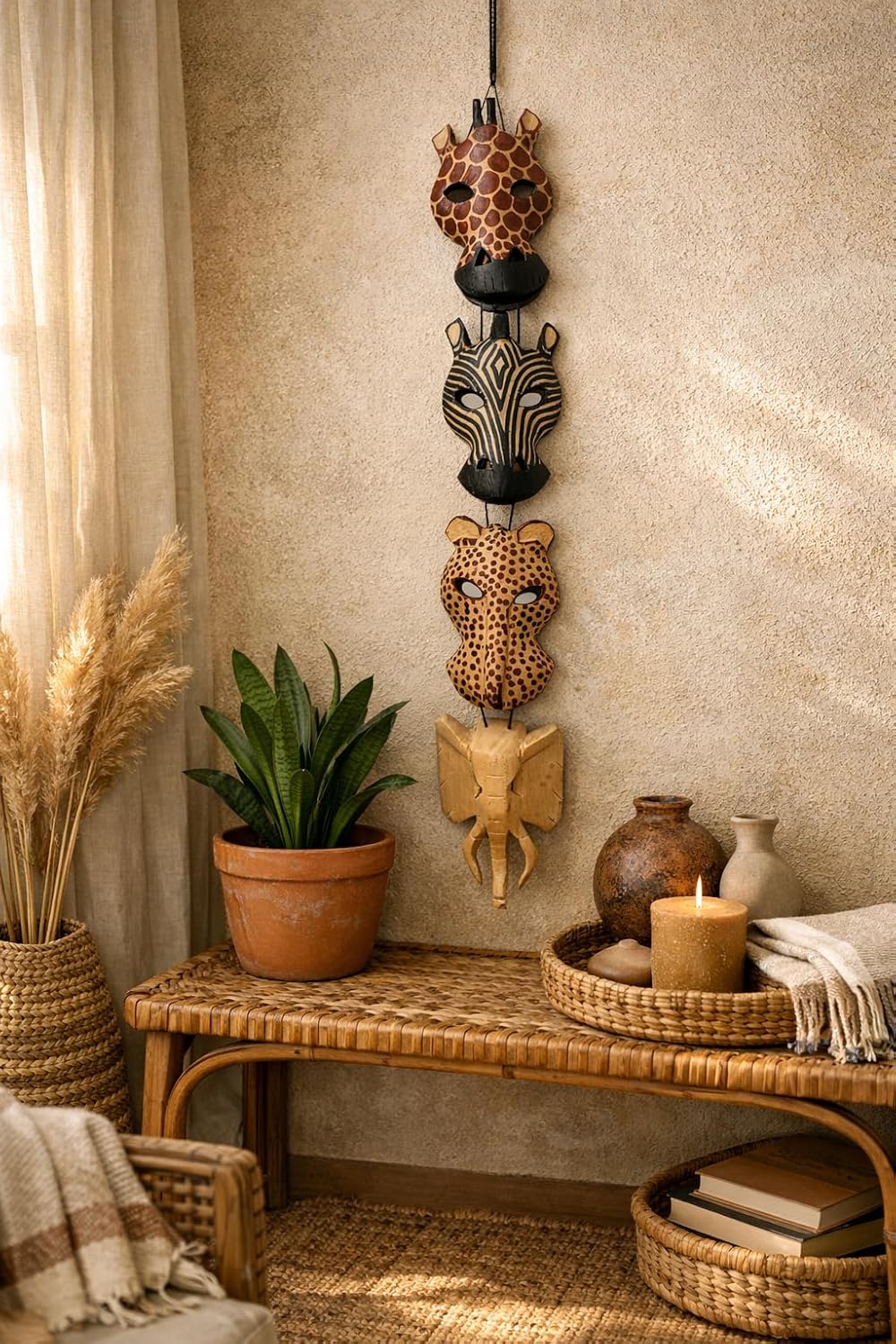African Masks Wall Hanging Art Hand Carving Safari Décor Wall Head Sculpture Wild Animal Faces Strung Together For A Majestic Display (4A Face)