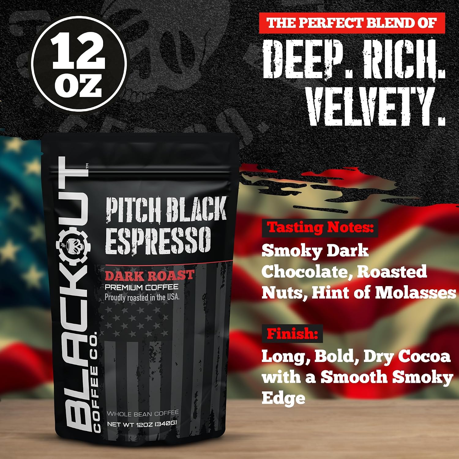 Blackout Coffee Pitch Black Espresso Whole Bean Coffee – Extra Dark Roast, European-Style, Powerfully Bold – Freshly Roasted 12oz Bag.