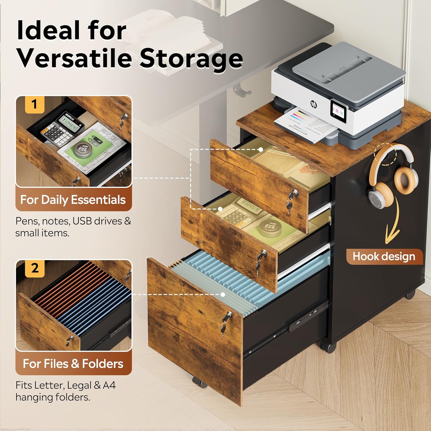 DEVAISE 3 Drawer File Cabinet with Individual Locks, Rustic Brown | Wood Filing Cabinet for Home Office, Mobile Printer Stand with Wheels