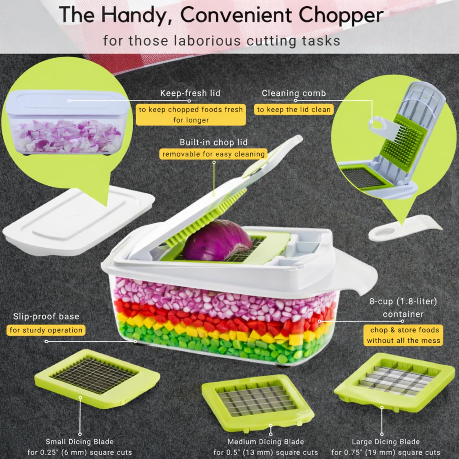 Brieftons QuickPush Manual Vegetable Chopper: 8-Cup Push-Down Onion Dicer & Food Chopper, 3 German Steel Blades