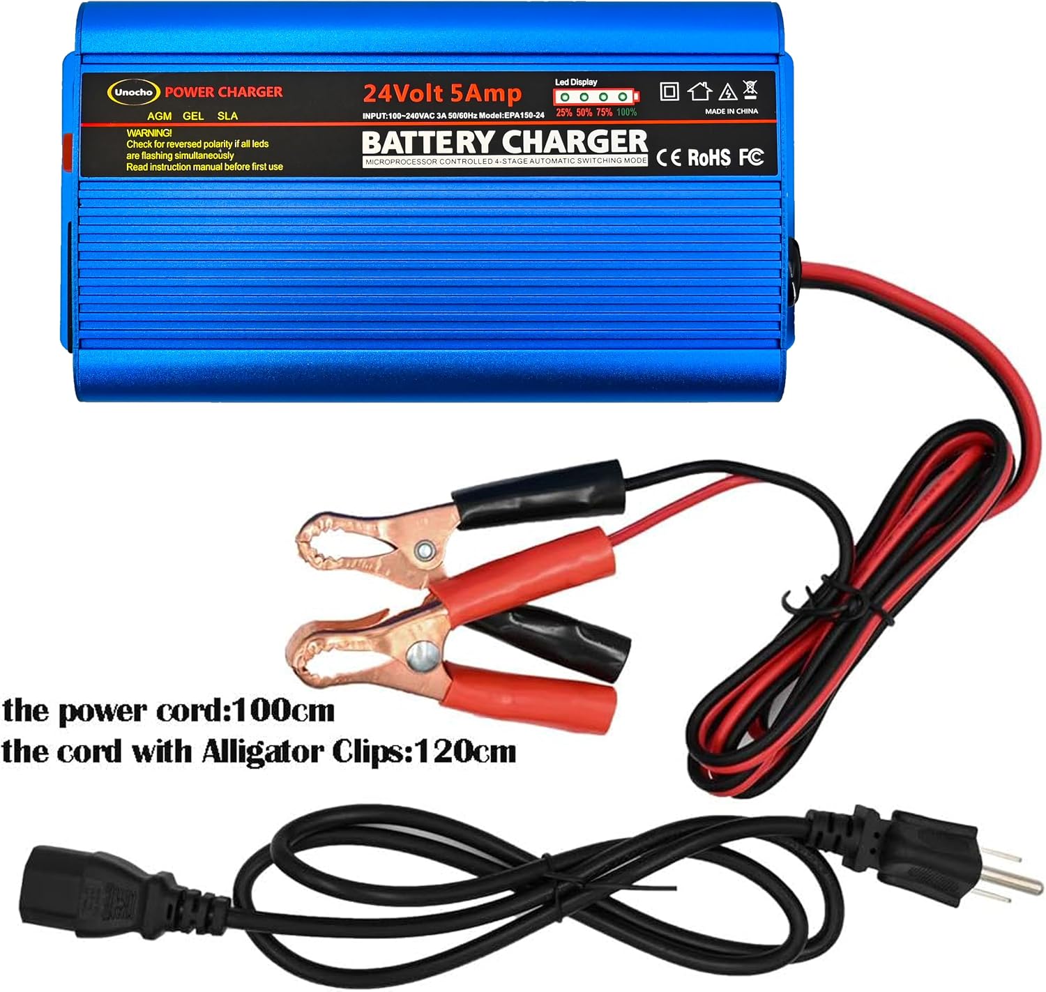 Unocho 24V 5A Battery Charger Maintainer 4-Stage Smart Lead-Acid Charger with 3-Pin XLR Connector Power Switch and LED Display for Wheelchairs Mobility Scooters AGM Gel SLA VRLA