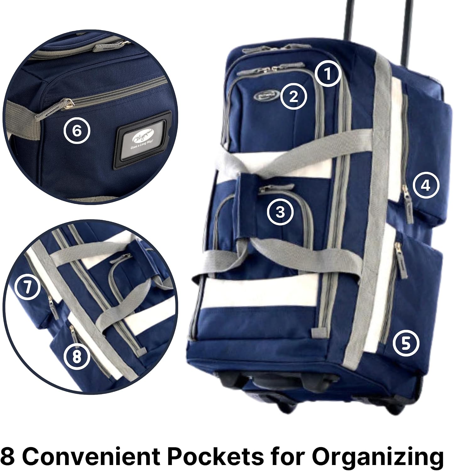 Olympia U.S.A. 33 inch Jumbo Size 8 Pockets Wheeled Rolling Duffel Bag Water Resistant Luggage Lightweight Travel Suitcase with Retractable Handle