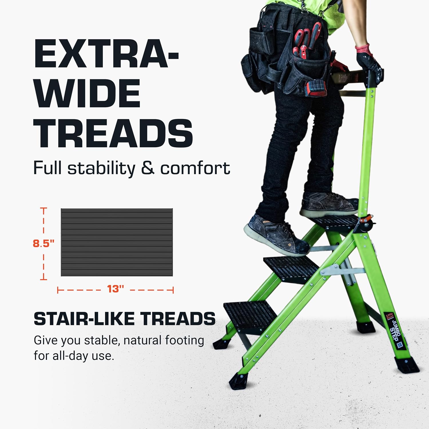 Little Giant Jumbo Step 3-Step Foldable 2.2 ft Aluminum Stool, 11903 | Foldable Aluminum Step Stool, Extra-Wide Stair-Like Treads, Rotating Handrail, Tool Tray, 375 lbs. Weight Capacity