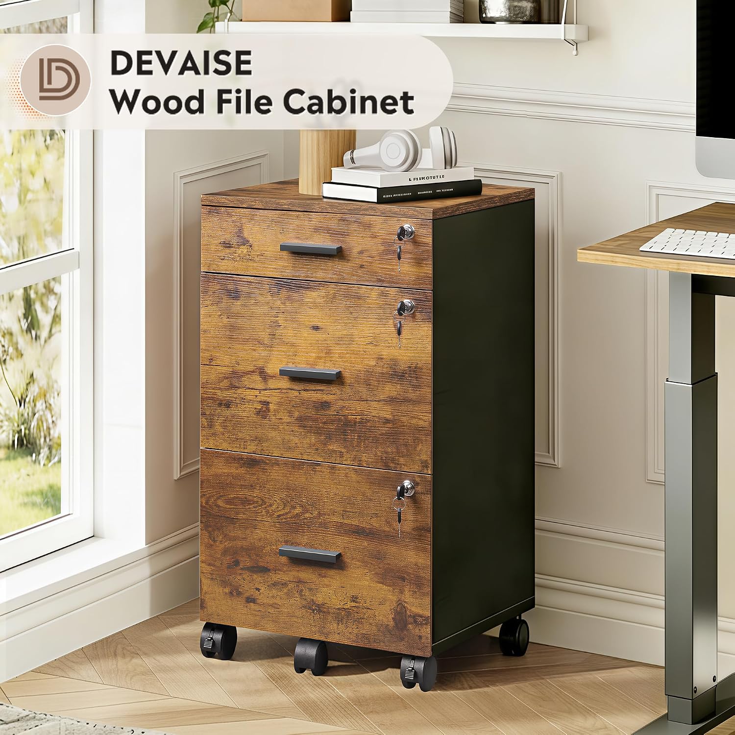 DEVAISE 3 Drawer File Cabinet with Lock & Wheels, Wood Printer Stand | Mobile Filing Cabinet Fits Letter/A4 Size; Rustic Brown Wood Printer Stand Keeps Home Office Files Secure And Organized