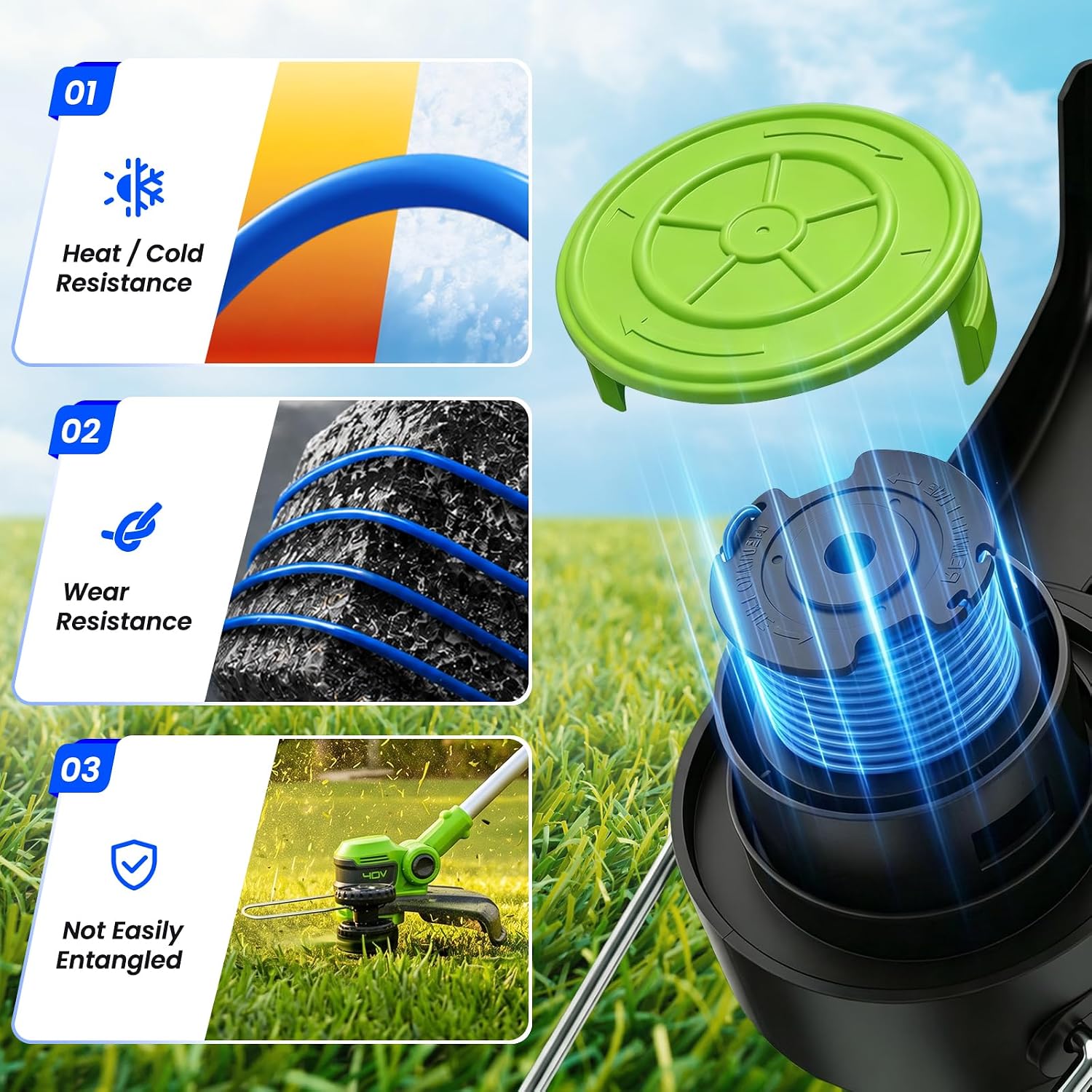 8 Pack Weed Eater String Replacement for Greenworks 20V, 40V Single Line Cordless Trimmers, Plus 1 Cap