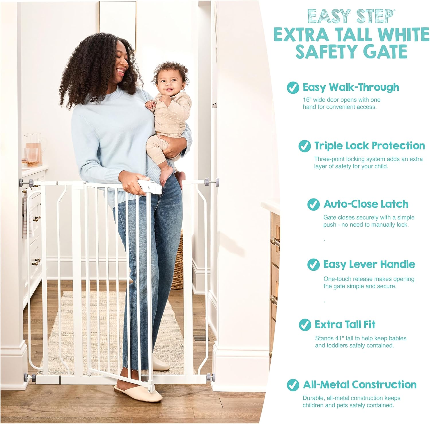 Regalo Safety 29"-49" Extra Wide Baby Gate, Bottom of Stairs & Doorways | Pressure Mounted with Door, For Babies, Toddlers & Pets, White, Tested & Trusted for 30 Years