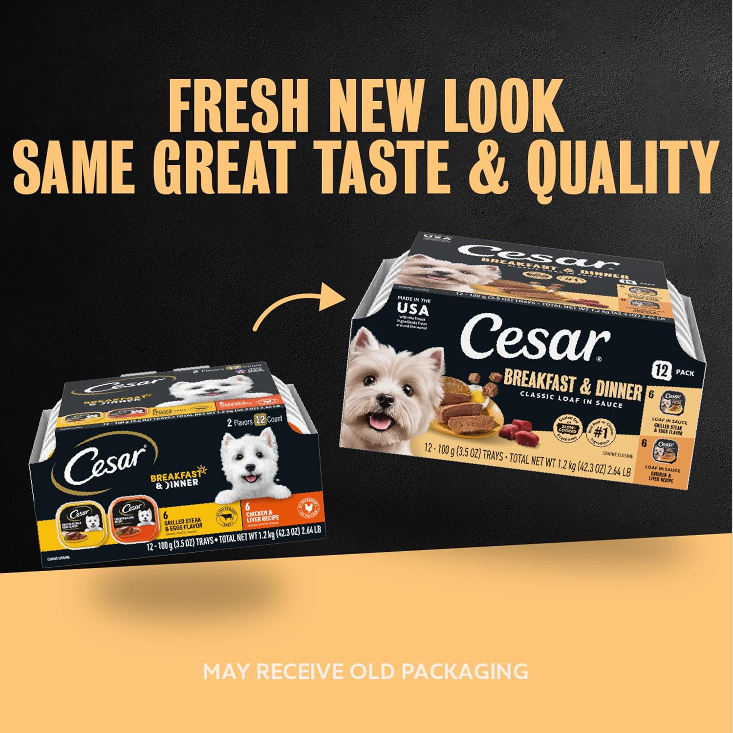 Cesar Classic Loaf Wet Dog Food, Meaty Selects, 3.5 oz, 12 Count, 2-Pack | Made in USA, Filet Mignon & Porterhouse Steak flavors, real beef #1 ingredient, no artificial flavors, easy peel trays