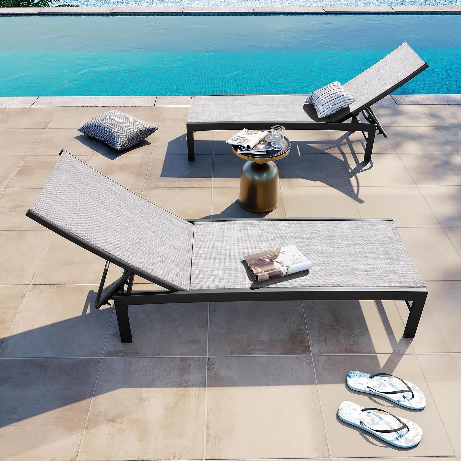 Crestlive Products Outdoor Pool Lounge Chairs Set of 2 with Side Table, Adjustable Five-Position Recliner for Beach, Pool, Sunbathing, Lawn