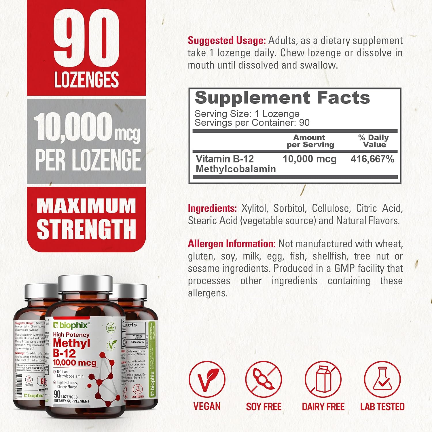 biophix Methyl B-12 10000 mcg 90 Vegan Lozenges Cherry Flavor Extra Strength - Supports Nervous System Immune Health Blood Flow Metabolism Brain