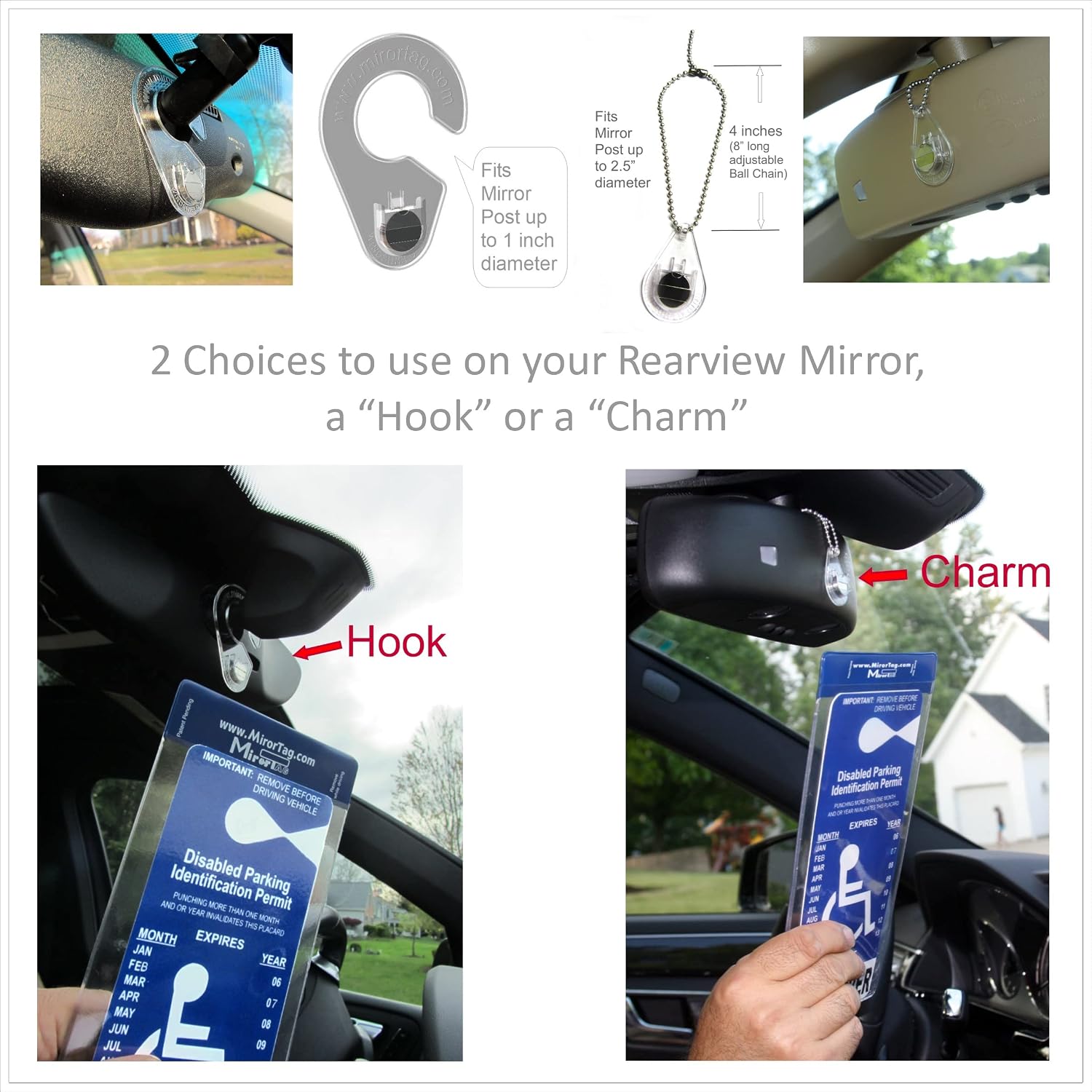 Mirortag™ Holder with Hook & Charm Options- Handicap Placard Holder. Easily Protect