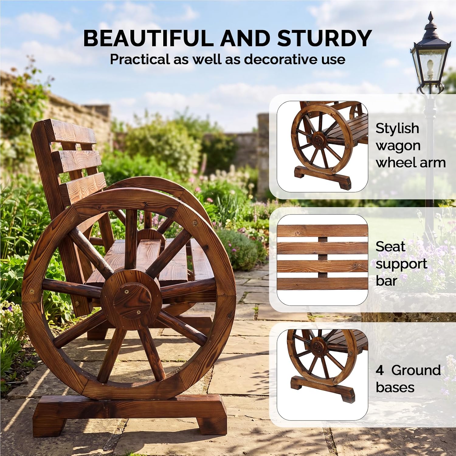 VINGLI Rustic Wooden Wheel Bench Outdoor Bench, Patio Bench Wagon Slatted Seat, Garden Benches for Outdoors 350lbs High Capacity