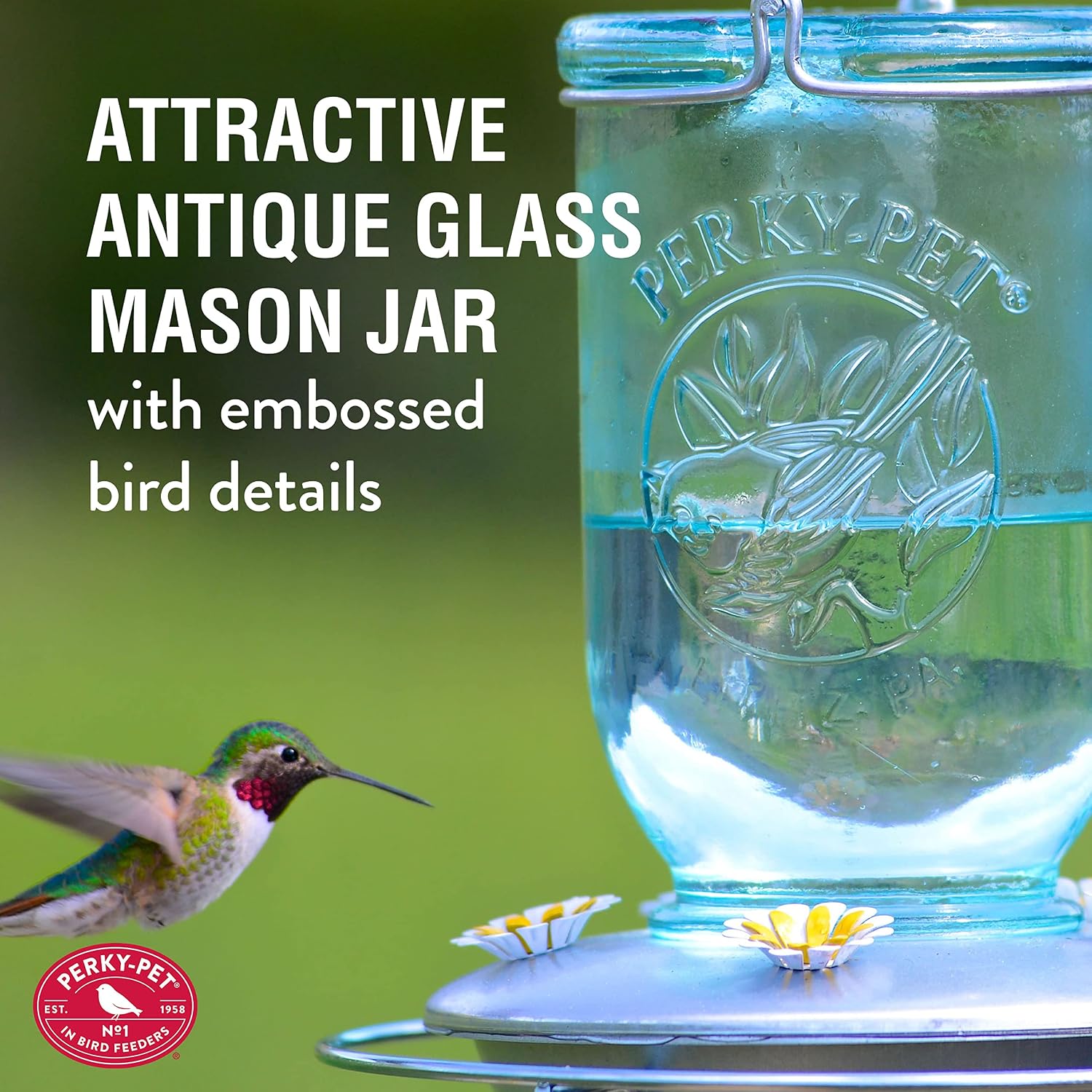 Perky-Pet Mason Jar Hummingbird Feeder, 32 oz Nectar Capacity | Vintage Style Glass Bird Feeder, 5 Flower Feeding Ports, Outdoor Garden Backyard Wildlife