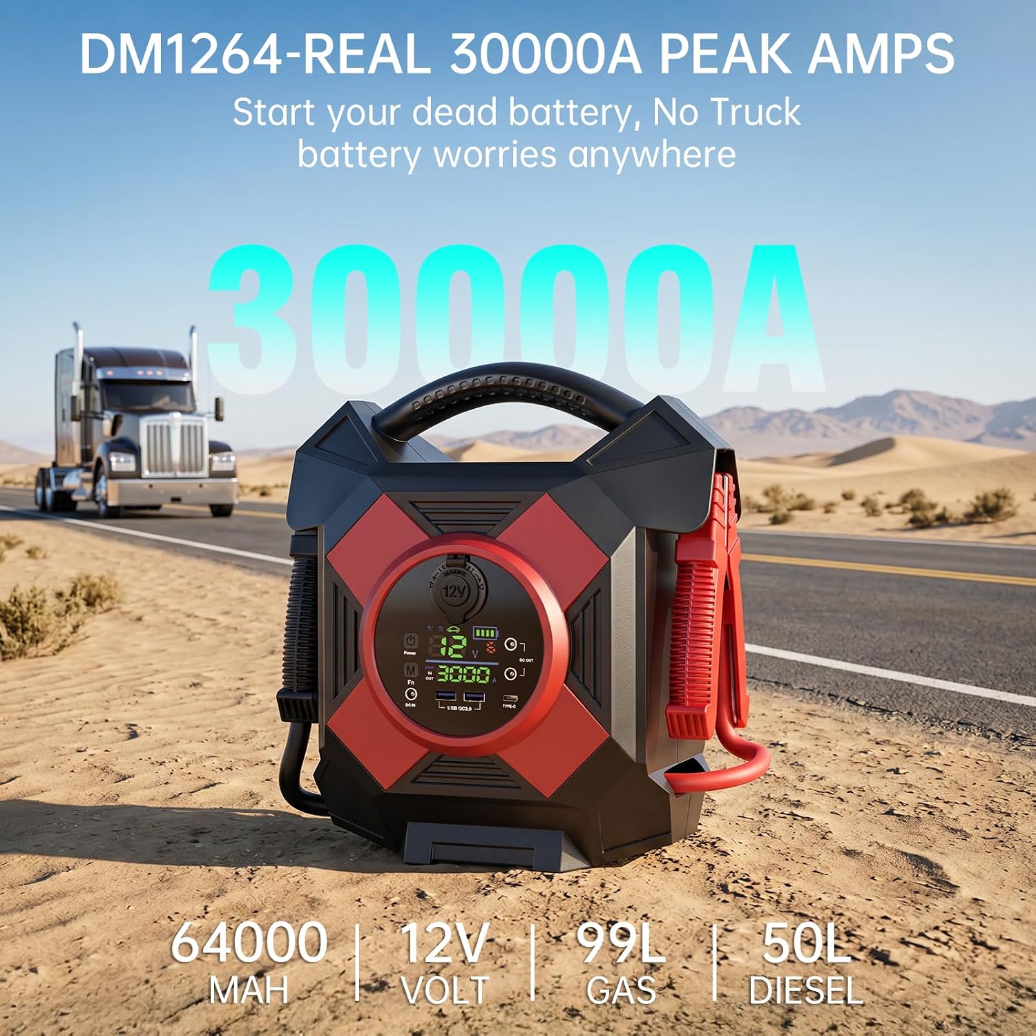 DM1264 Heavy Duty Jump Starter, 30000A Peak 12V Lithium Booster Pack for Semi Trucks, Start All for 50L Diesel and Gasoline Engines