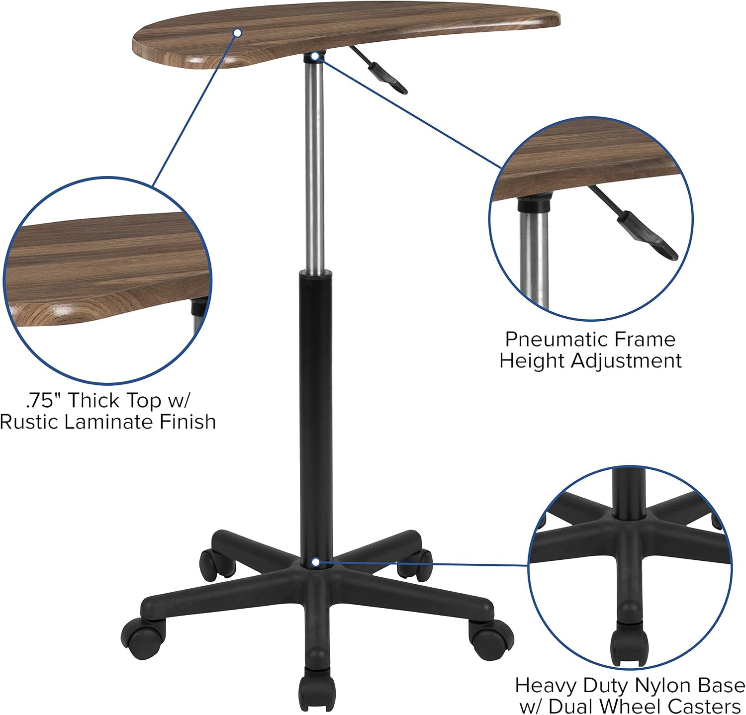 Flash Furniture Eve Sit to Stand Mobile Laptop Desk/Speaker's Lectern with Wheels, Modern Height-Adjustable Portable Standing Computer Desk, Black | Heavy Duty Nylon Base, Dual Wheel Casters