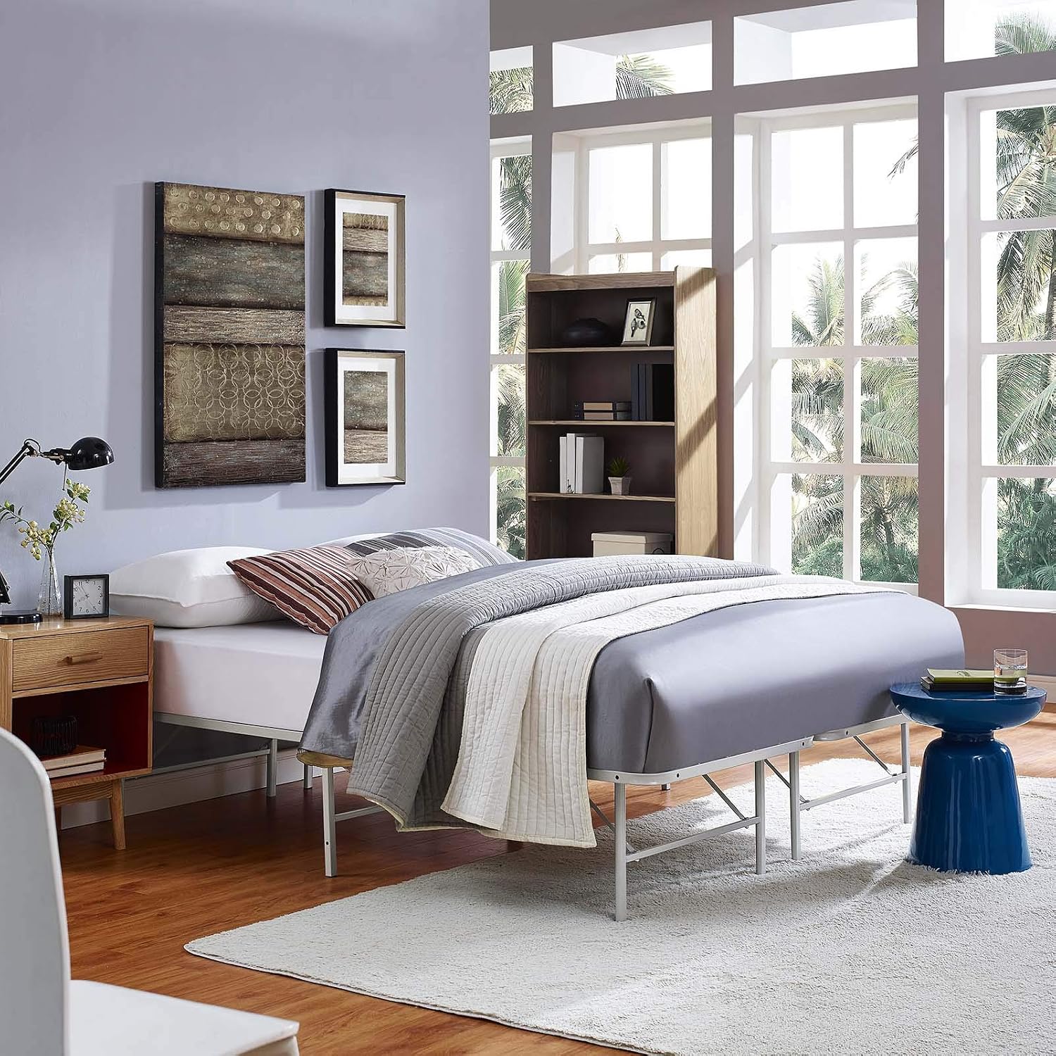 Modway Horizon Queen Bed Frame In Gray - Replaces Box Spring - Folding Metal Mattress Bed Frame