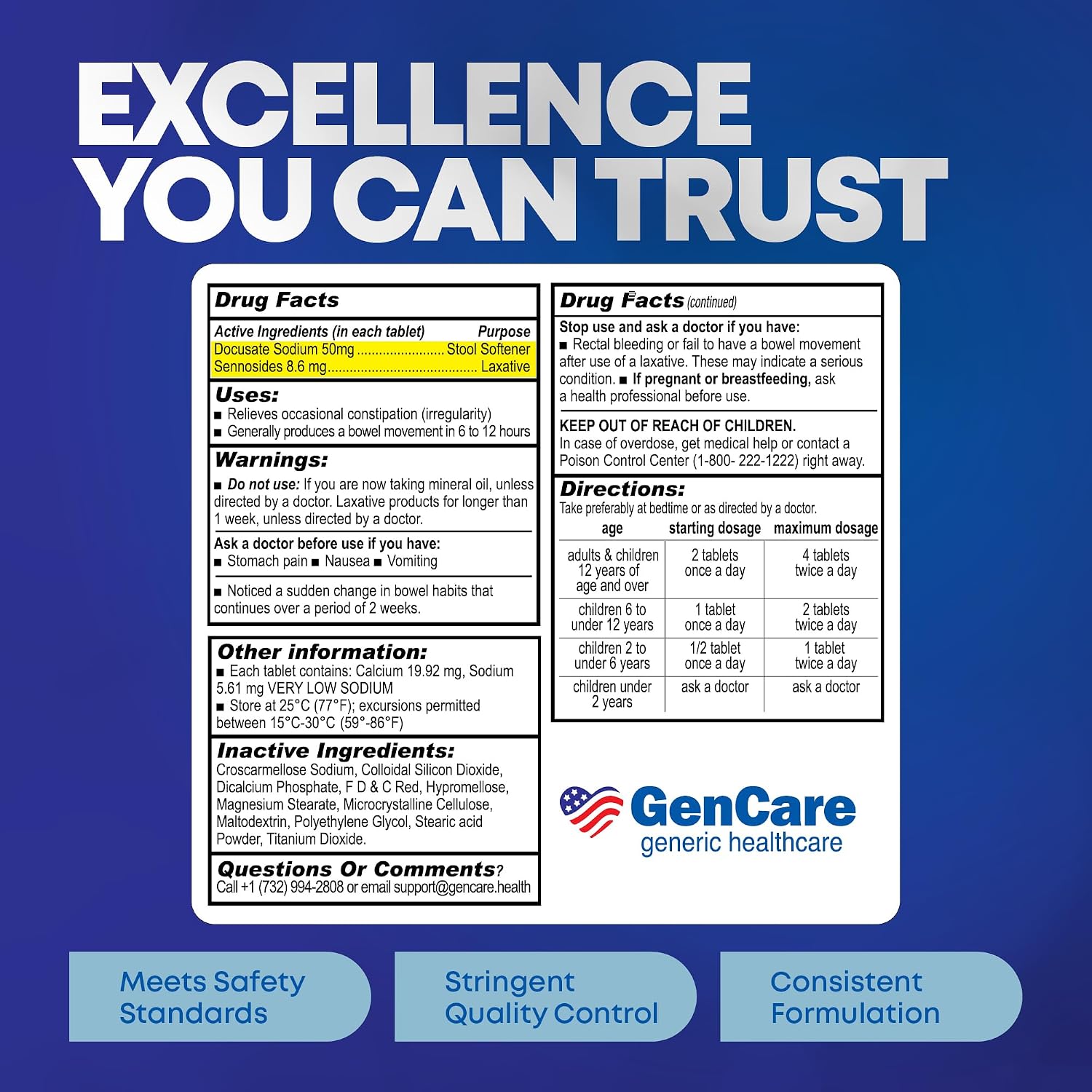 GenCare Senna-S Laxative Plus Stool Softener, Dual Action, 200 Ct