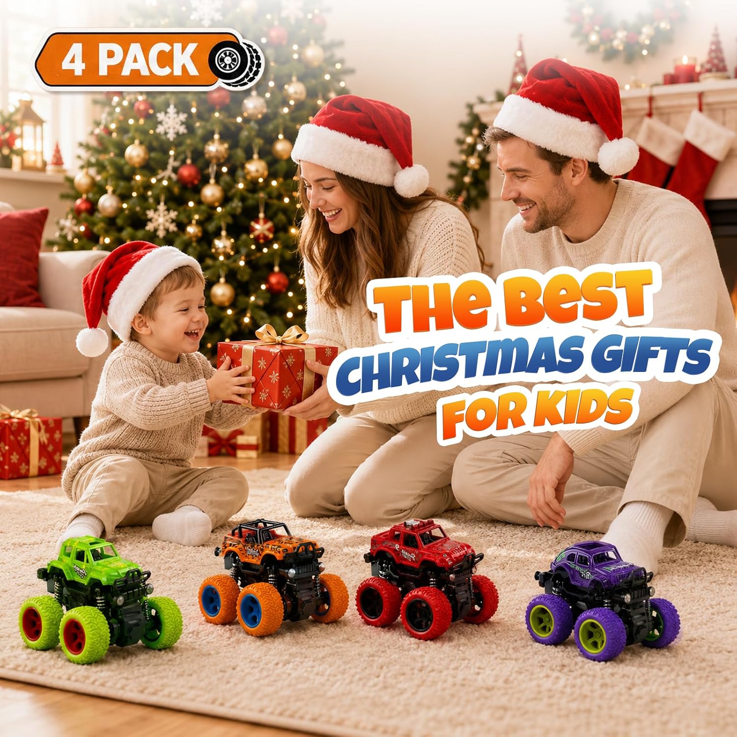 4 Pack Monster Trucks Toys for Boys 2 3 4 5 6 7 Year Old, Friction Powered Pull Back Car Toys for Toddlers Kids Ages 3-5 2-4 4-7